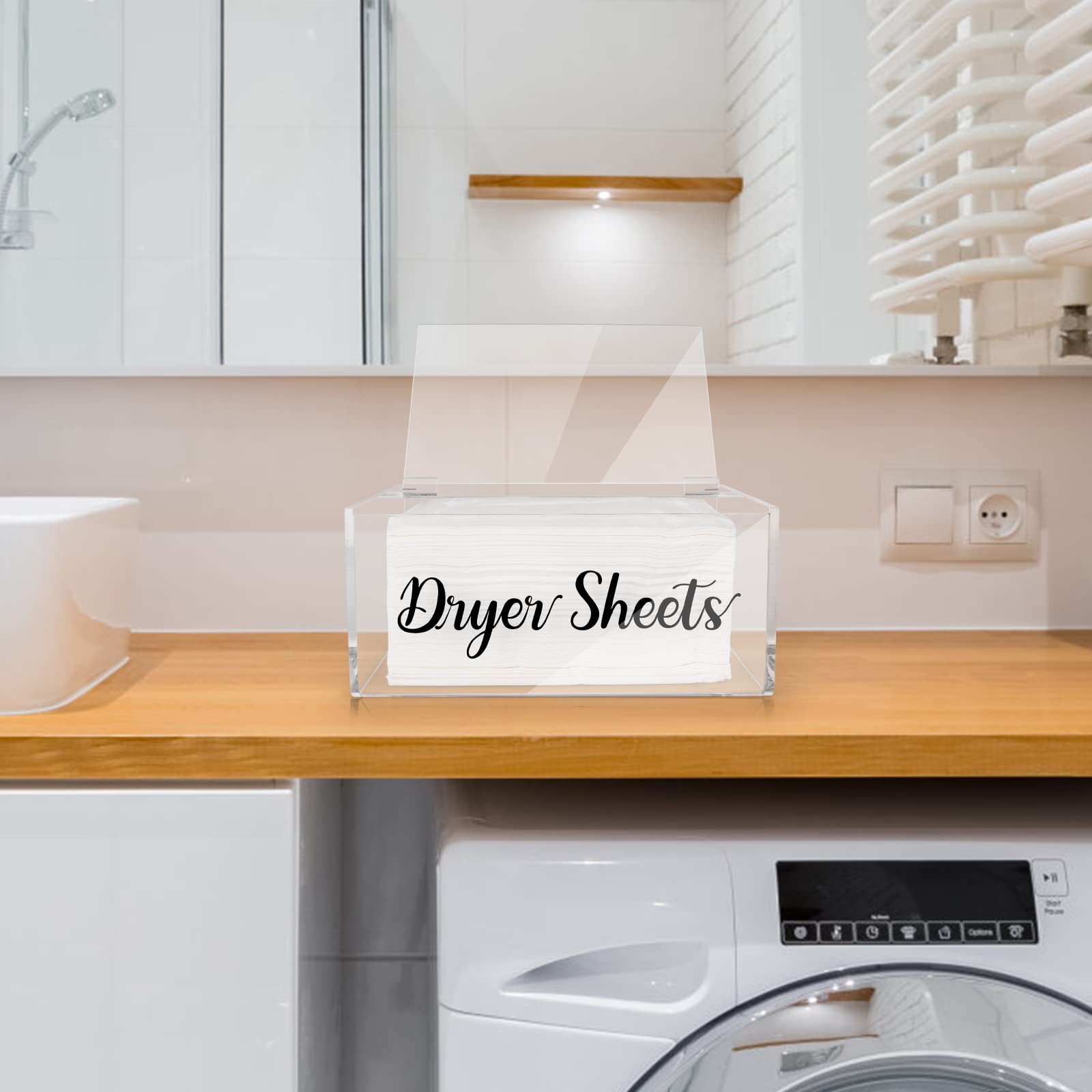 Clear Acrylic Dryer Sheet Dispenser with Hinged Lid - Laundry Sheet Holder & Organizer for Home, Laundry Room Storage - Perfect for Keeping Dryer Sheets Fresh & Organized While Decorating Your Laundry Space