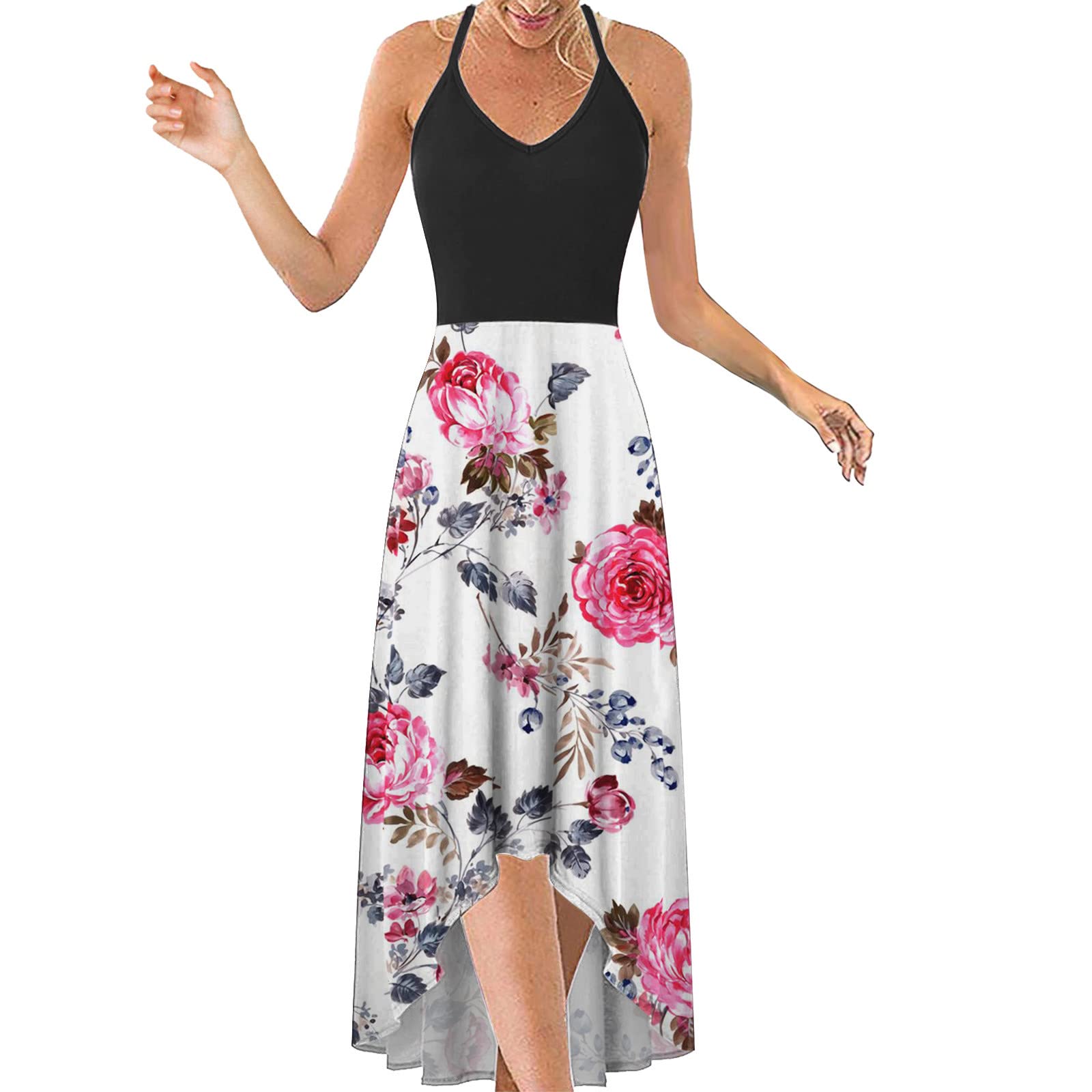 Sexy Sleeveless Boho Floral Print Maxi Dress for Women - V Neck Summer Beach Dress, Casual Shift Dress for Vacation, Pool Party & Date Night