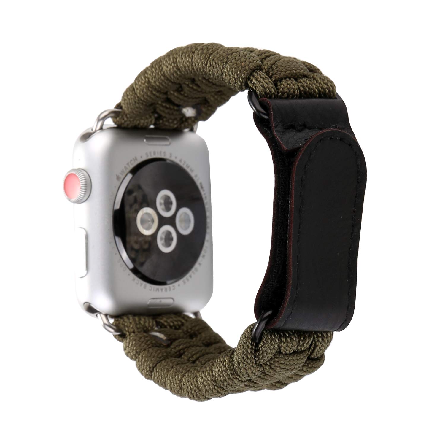 MeShow 41mm 40mm 38mm Paracord Watch Band Replacement - Genuine Leather Clasp, Self-Adhesive Strap Compatible with Apple Watch Series 7/SE/6/5/4/3/2/1 (Not for 45mm/44mm/42mm) - Durable Outdoor Wristband for Hiking, Camping & Adventure Activities