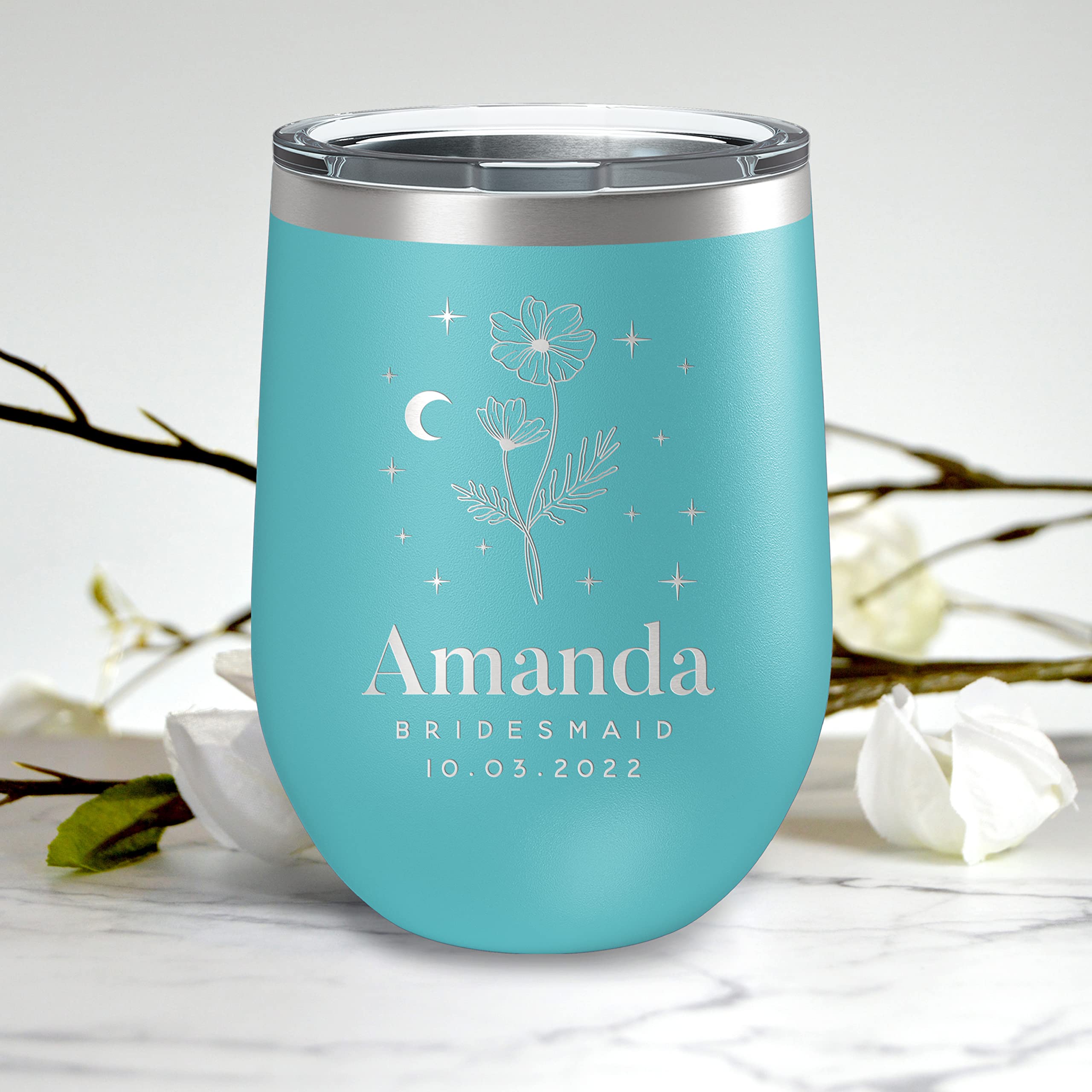 Personalized Bridesmaid Wine Tumblers Set of 5 - Custom Engraved Stemless Glasses with Lid, Names & Titles - 10 Colors & 12 Birth Flower Options - Unique Bridesmaid Proposal Gifts - Perfect for Wedding Showers, Bachelorette Parties & Thank You Gifts