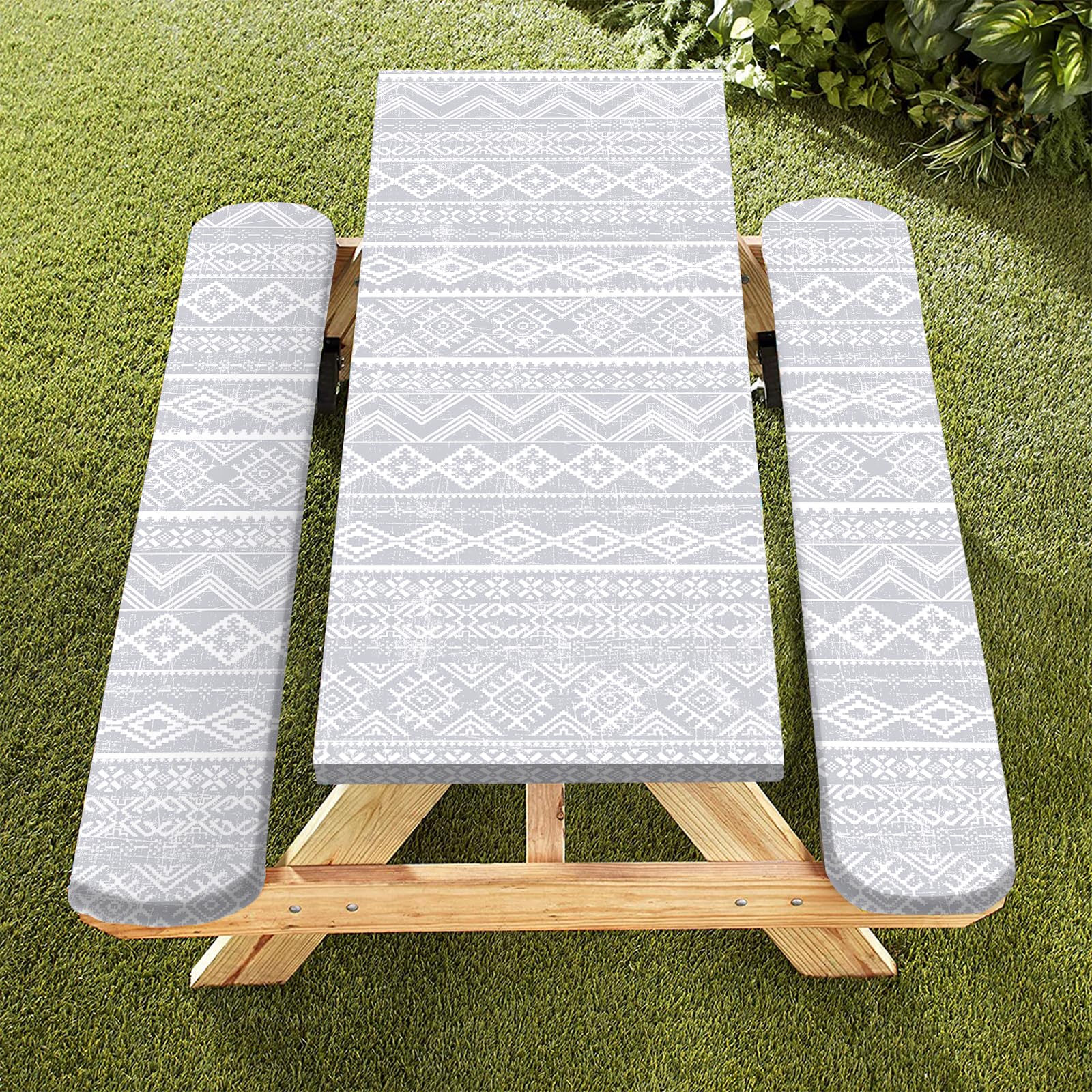 Famibay Waterproof Elastic Picnic Table Cover with Bench Covers - Durable Reusable Polyester Camping Tablecloth for Outdoor Summer Travel, Picnics, BBQs & Beach Parties (Grey)