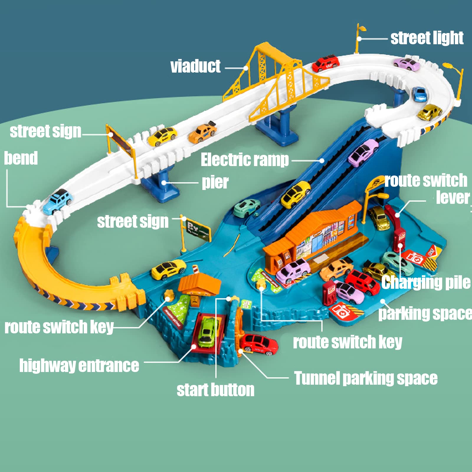 Car Playset Toy Ramp Track Set with 8 Mini Racer Cars & 4 Dinosaur Vehicles - Interactive Race Track for Preschool Boys & Kids Ages 3+ - Perfect Birthday Gift for Toddlers - City Highway Adventure Play for Indoor & Outdoor Fun