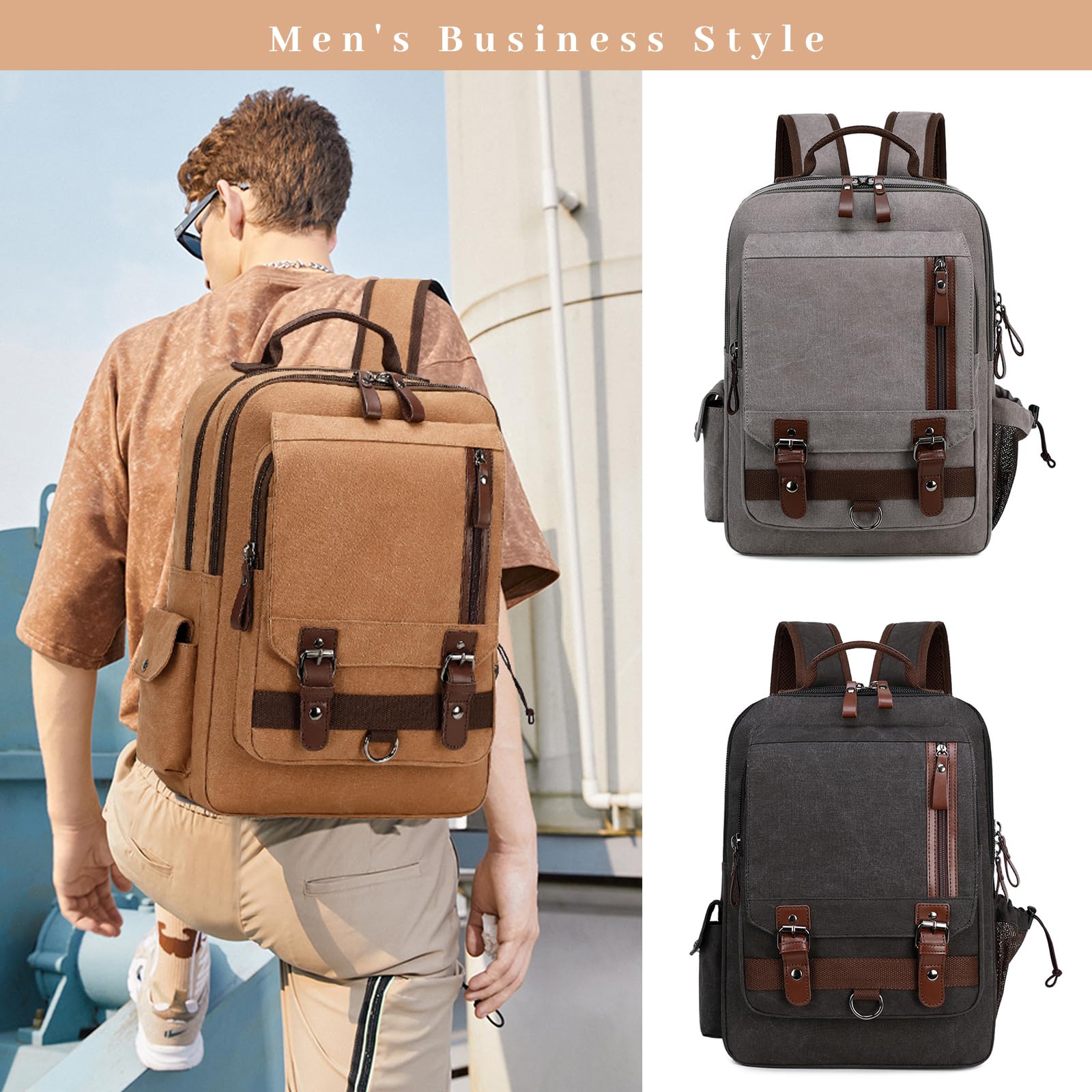 Waterproof Anti-Theft Laptop Backpack for Men - 15.6 Inch Business Travel Backpack with USB Charging Port, Durable Canvas Daypack for Work, Commuting & Outdoor Activities (Coffee Brown)