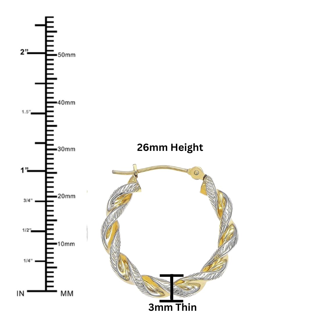 14K Gold Two-Tone Twisted Hoop Earrings for Women & Teens - 20mm & 25mm Yellow Gold - Elegant Everyday Jewelry for Work, Date Night & Special Occasions