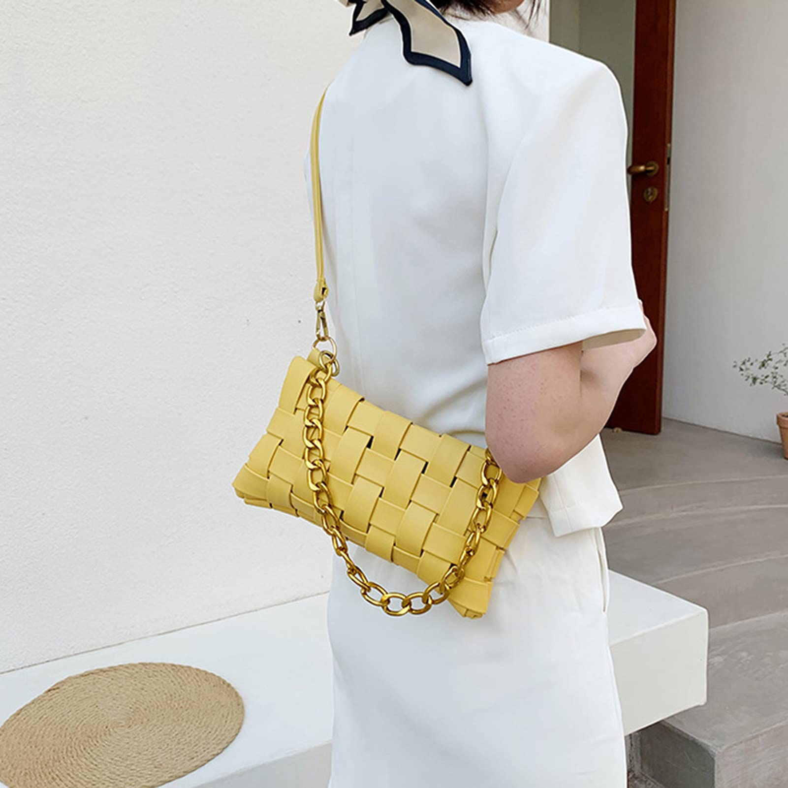 Women's Braided Shoulder Bag - Woven Crossbody Purse with Chain & 2 Removable Straps | Stylish Satchel Clutch for Casual Outings, Travel & Everyday Use