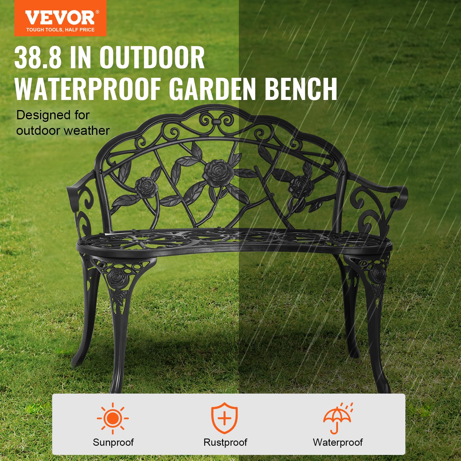 VEVOR Outdoor Bench with Backrest & Armrests - 480 lbs Weight Capacity, 38.8