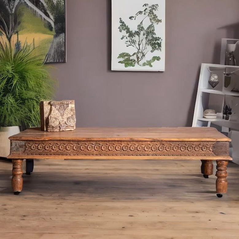 Hand Carved Reclaimed Teak Wood Coffee Table - Rustic Vintage Style for Living Room, Lounge & Patio Decor