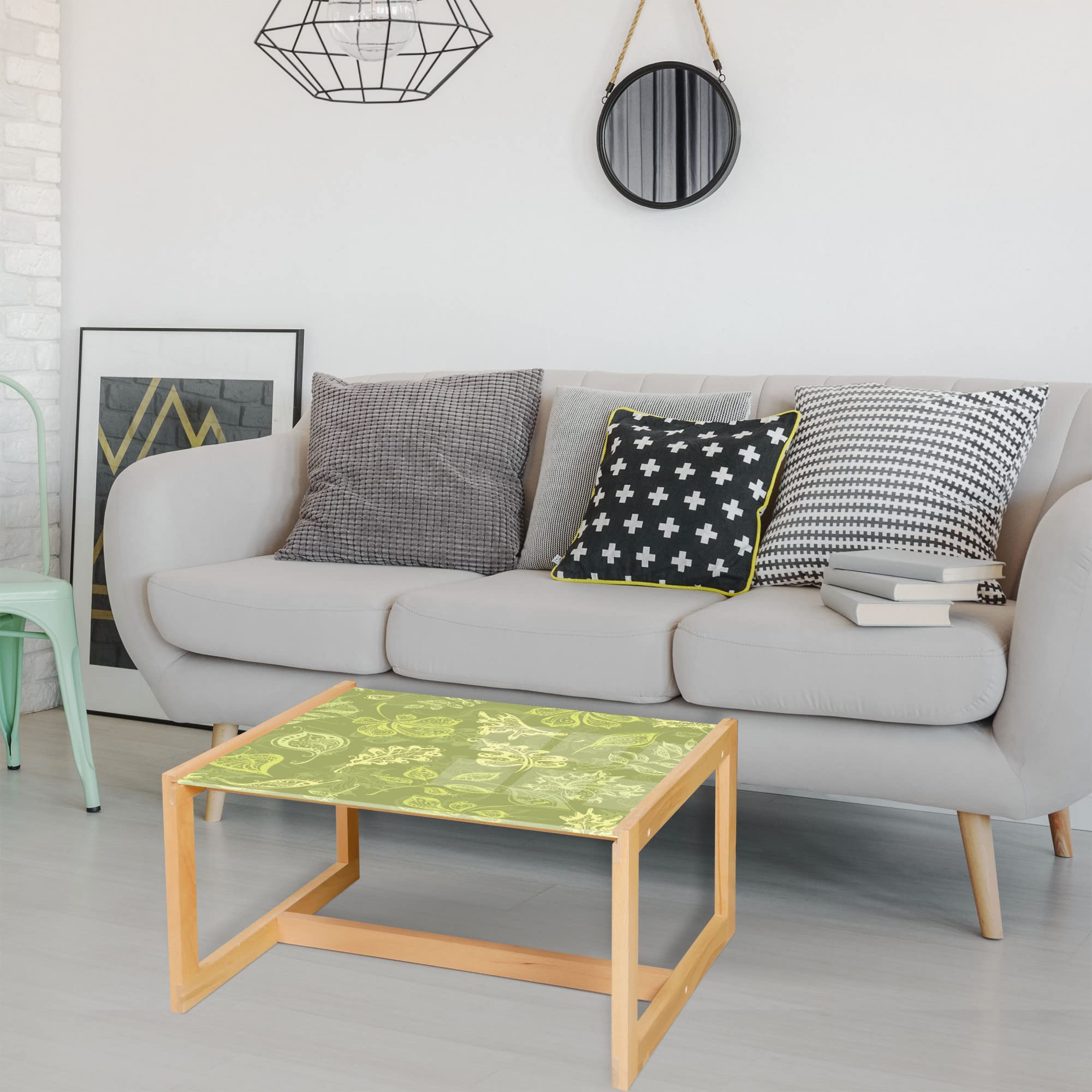Ambesonne Green Olive Leaf Coffee Table - Acrylic Glass Top with Wooden Frame, Modern Office & Dorm Decor, Medium Size Home Furniture for Living Room, Bedroom, or Study Area