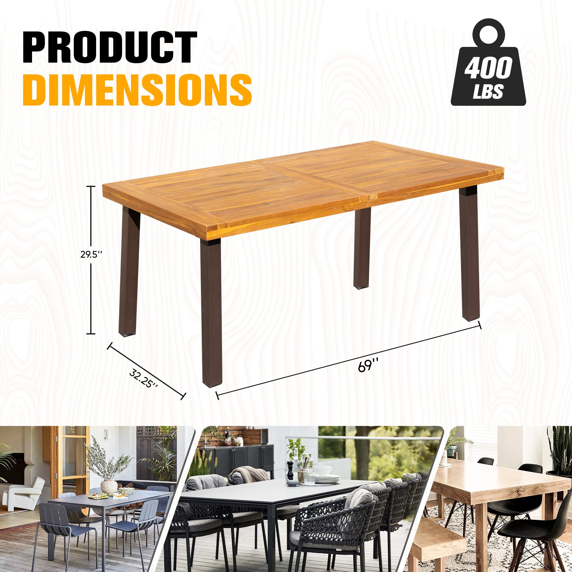 Flamaker 6-Person Acacia Wood Dining Table with Iron Legs - Indoor Outdoor Rectangular Kitchen Table for Home, Deck, Sunroom & Patio | Perfect for Family Gatherings & Outdoor Entertaining
