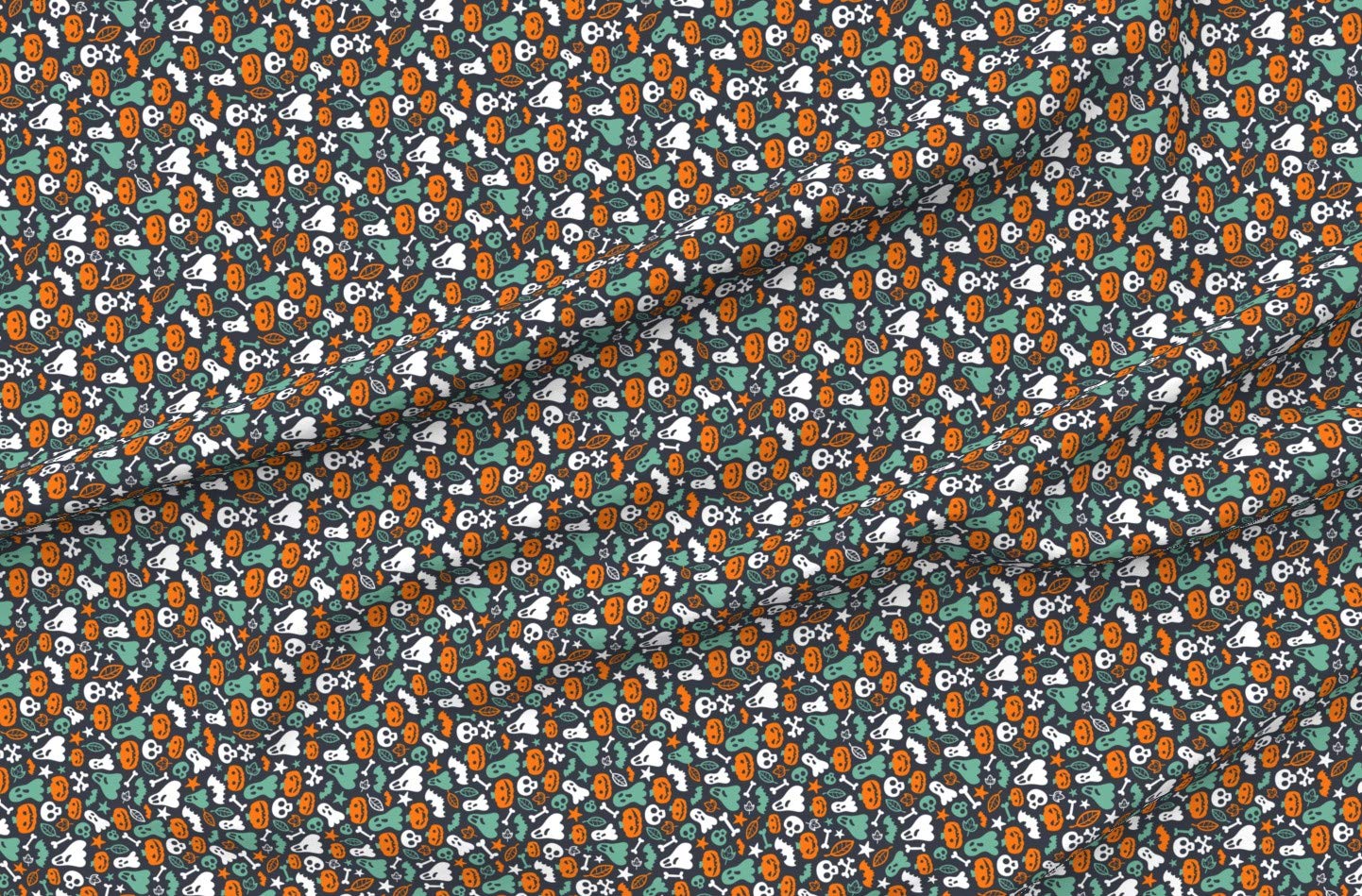 Halloween Retro Pattern Fabric - Pumpkins, Skulls, Bones & Bats Printed on Petal Signature Cotton by The Yard for Sewing, Quilting, Apparel & DIY Decor | Cute Costume & Ghost Design for Seasonal Crafts, Home Decor & Party Supplies