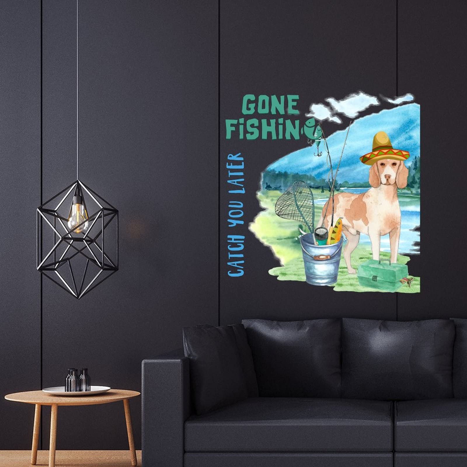 Gone Fishing Wall Decals - 22 Inch Inspirational Beach Life Kitchen Stickers with Dog & Lake Motif, Motivational Quote for Bedroom, Living Room & Office Decor - Perfect for Coastal, Rustic or Cabin Themed Spaces