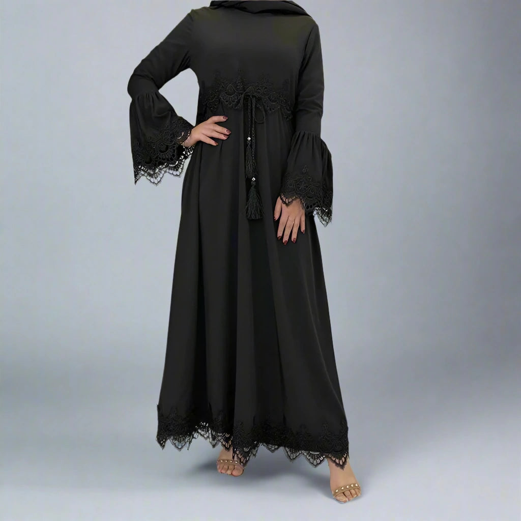 Elegant Black Lace Abaya Dress for Muslim Women - Modest Islamic Prayer Dress for Mosque, Wedding & Special Occasions