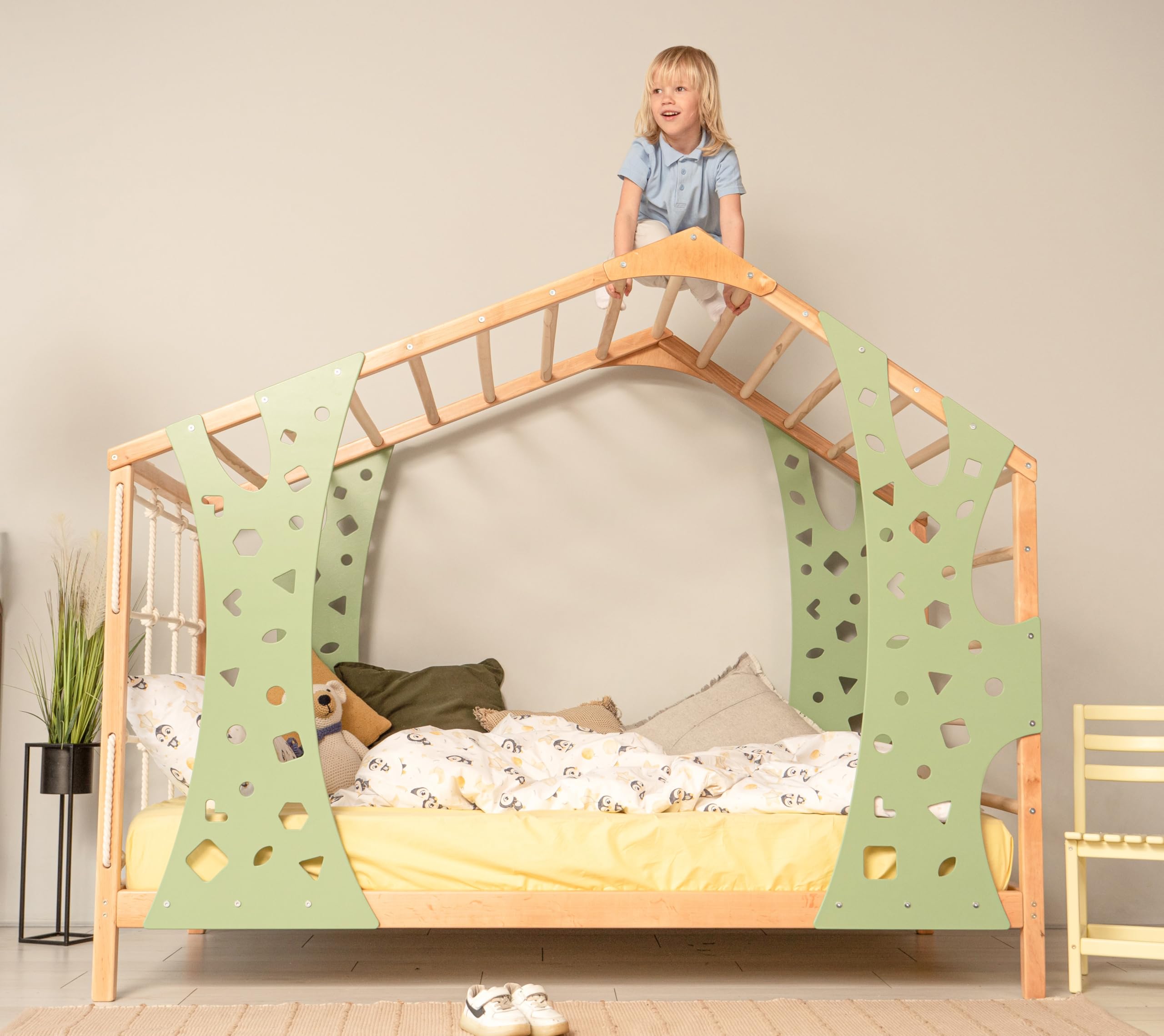 Montessori Toddler Bed with Climbing Gym - Solid Wood Twin Bed Frame for Kids - Monkey Bed with Legs & Slats - Perfect for Playrooms, Bedrooms & Montessori Learning Spaces
