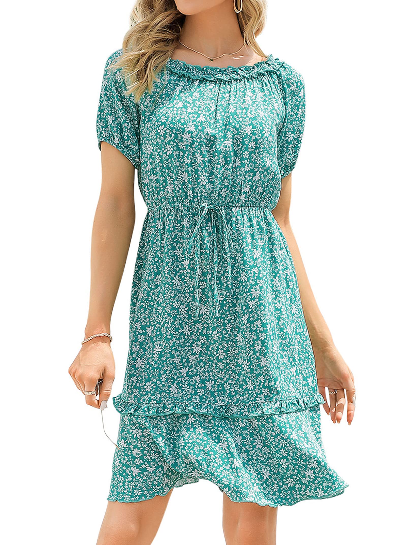 MISSKY Floral Off Shoulder Dress for Women - Short Sleeve Sexy Flowy Summer Dress with Elastic Waist - Perfect for Beach Vacation, Date Night & Outdoor Parties