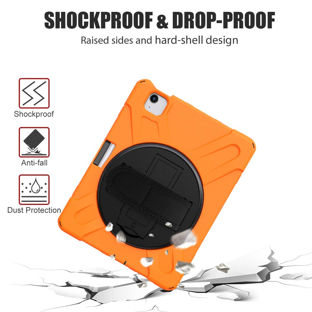 ZenRich iPad Air 5th/4th Generation Case - Shockproof Rugged Protective Cover with Pencil Holder, Stand & Adjustable Hand Strap for iPad Air 10.9 Inch (2022/2020 Model) - Perfect for Travel, Work & Outdoor Activities - Orange