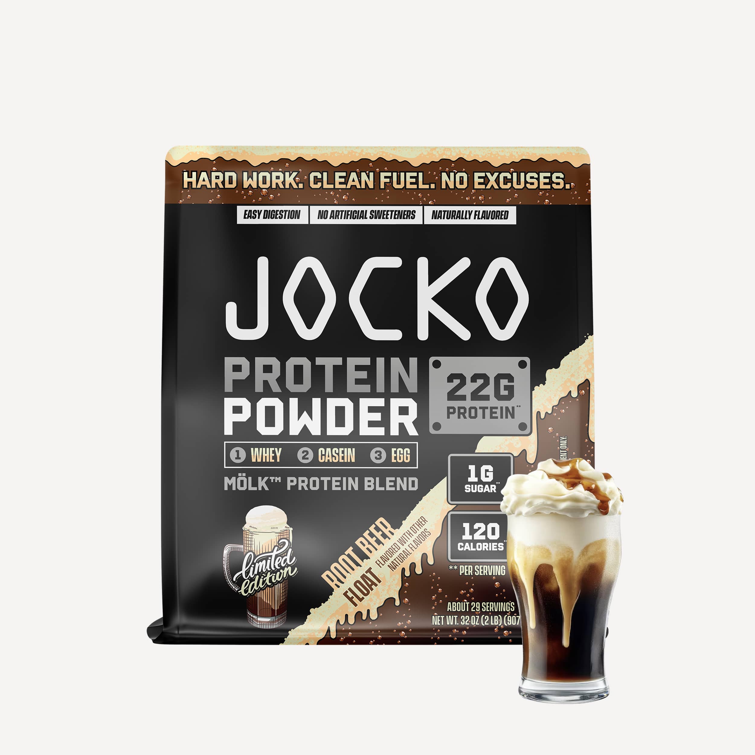 JOCKO MÖLK Protein Powder - Root Beer Float Flavor | 25g Protein per Serving | Whey Isolate & Hydrolyzed Collagen | Pre & Post Workout Supplement | Ideal for Gym, Recovery & Healthy Lifestyle
