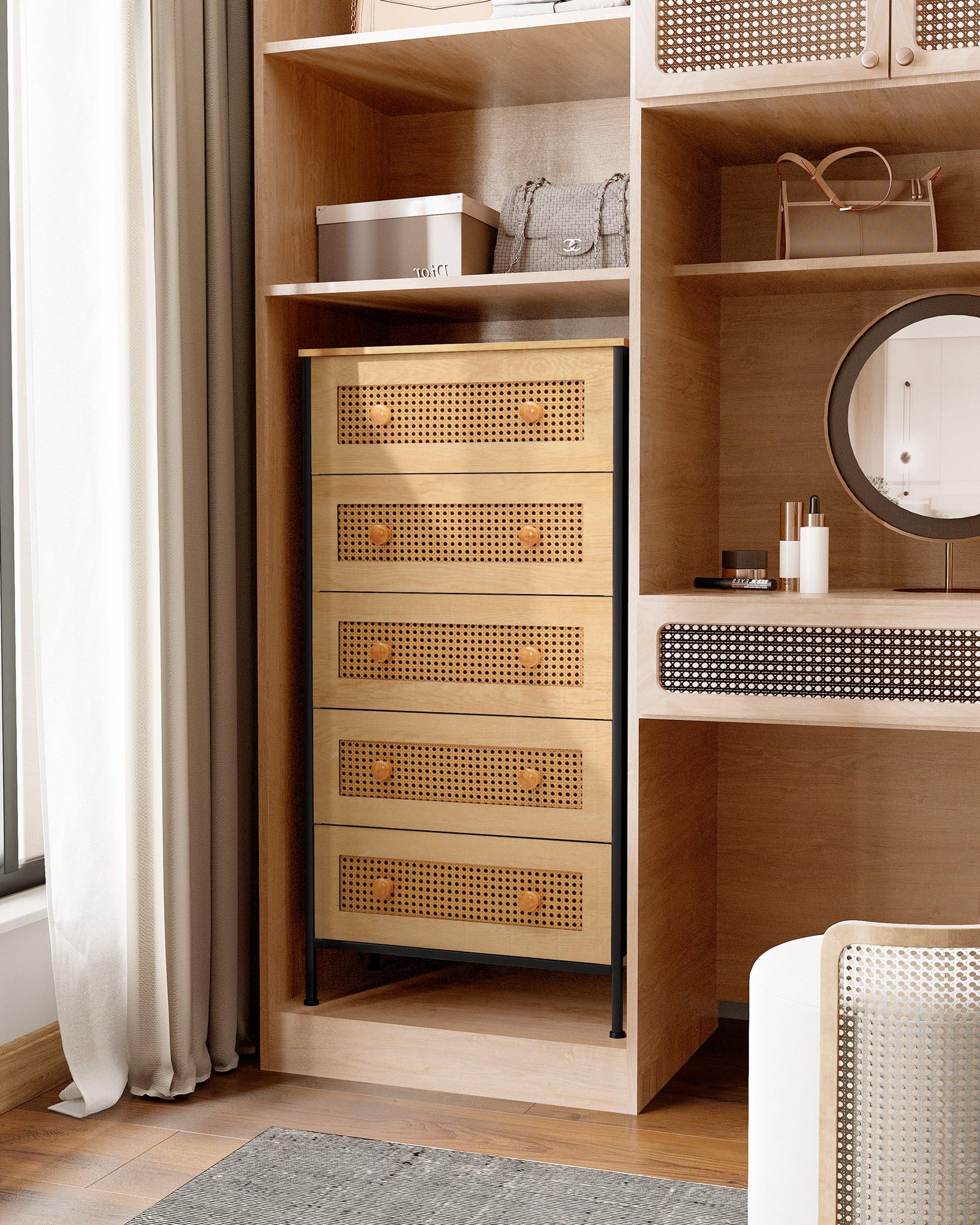 Crestlive 5-Drawer Rattan Dresser Storage Tower with Wood Top - Tall Fabric Dresser Organizer for Bedroom, Hallway, Entryway & Closet - Natural Woven Chest of Drawers | Perfect for Small Space Organization & Home Decor
