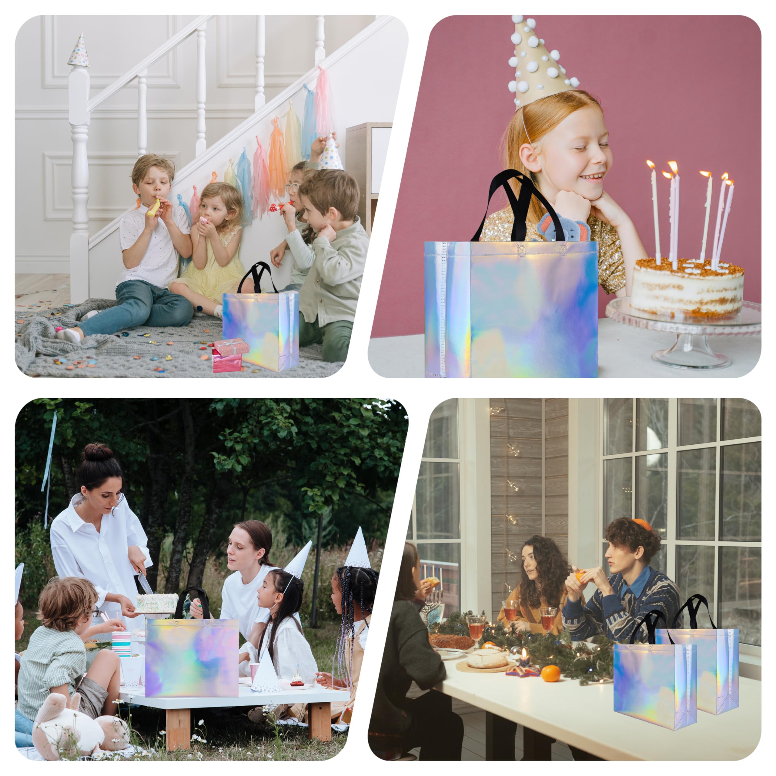 15 Pack Glossy Iridescent Reusable Gift Bags with Black Handles - 12.6x4.7x11 Inch Non-Woven Party Favor Bags with Sturdy Base - Perfect for Christmas, Birthday, Wedding, Easter & Holiday Celebrations - Great for Gift Wrapping, Party Favors & Special Occasions