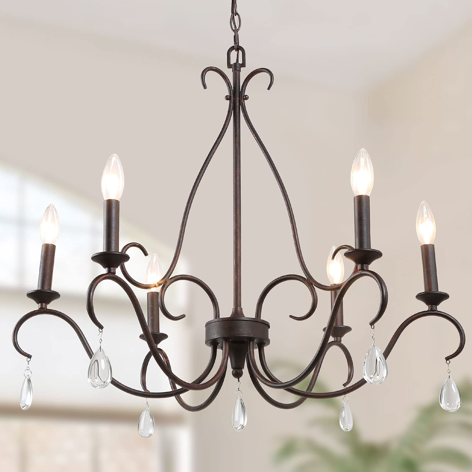 LALUZ Rustic Farmhouse Chandelier - 6-Light Bronze French Country Lighting Fixture with Crystal Pendants | Elegant Ceiling Light for Dining Room, Living Room, Kitchen, Bedroom & Entryway (28 Inch)