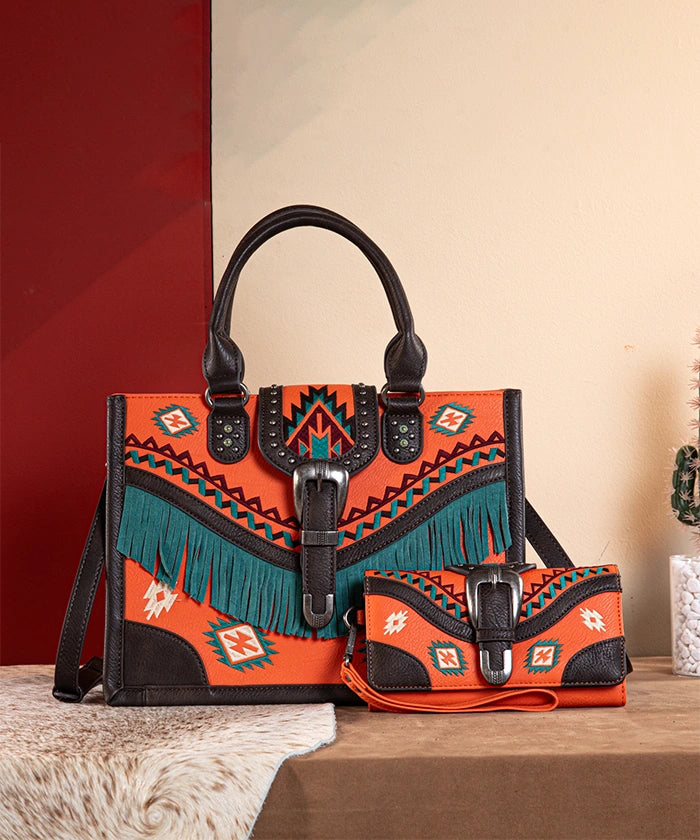 Montana West Genuine Leather Buckle Western Tote Bag Set for Women - Stylish Cowgirl Handbag & Shoulder Bag for Work, Travel and Everyday Use