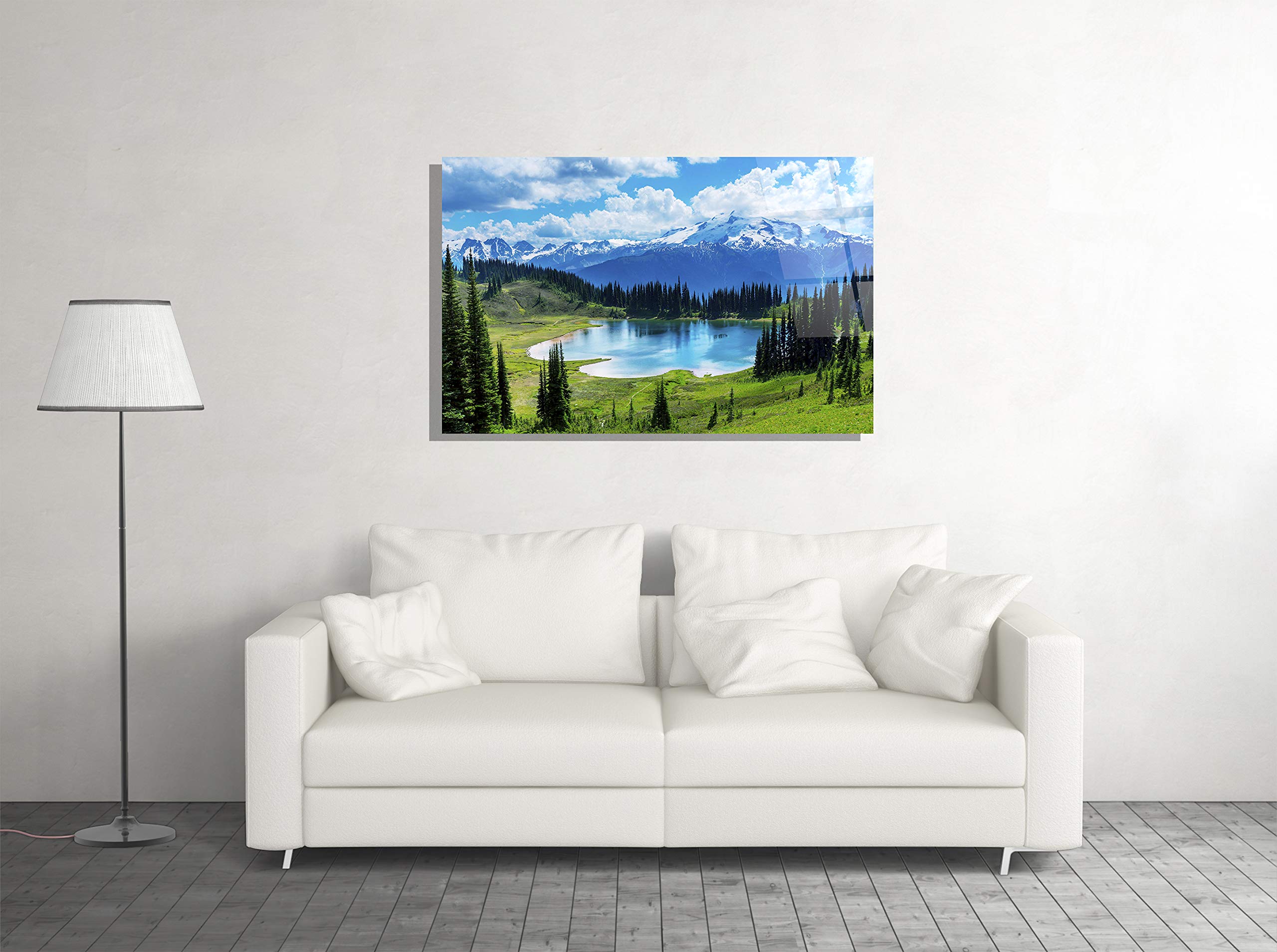 Stunning Nature Landscape Tempered Glass Wall Art - Lake, Forest, Mountains & Snow Peaks Print (24x36 inches) | Modern Home, Office & Hotel Decor | Perfect Gift for Nature Lovers & Wall Decor Enthusiasts | Ideal for Living Rooms, Bedrooms & Reception Areas