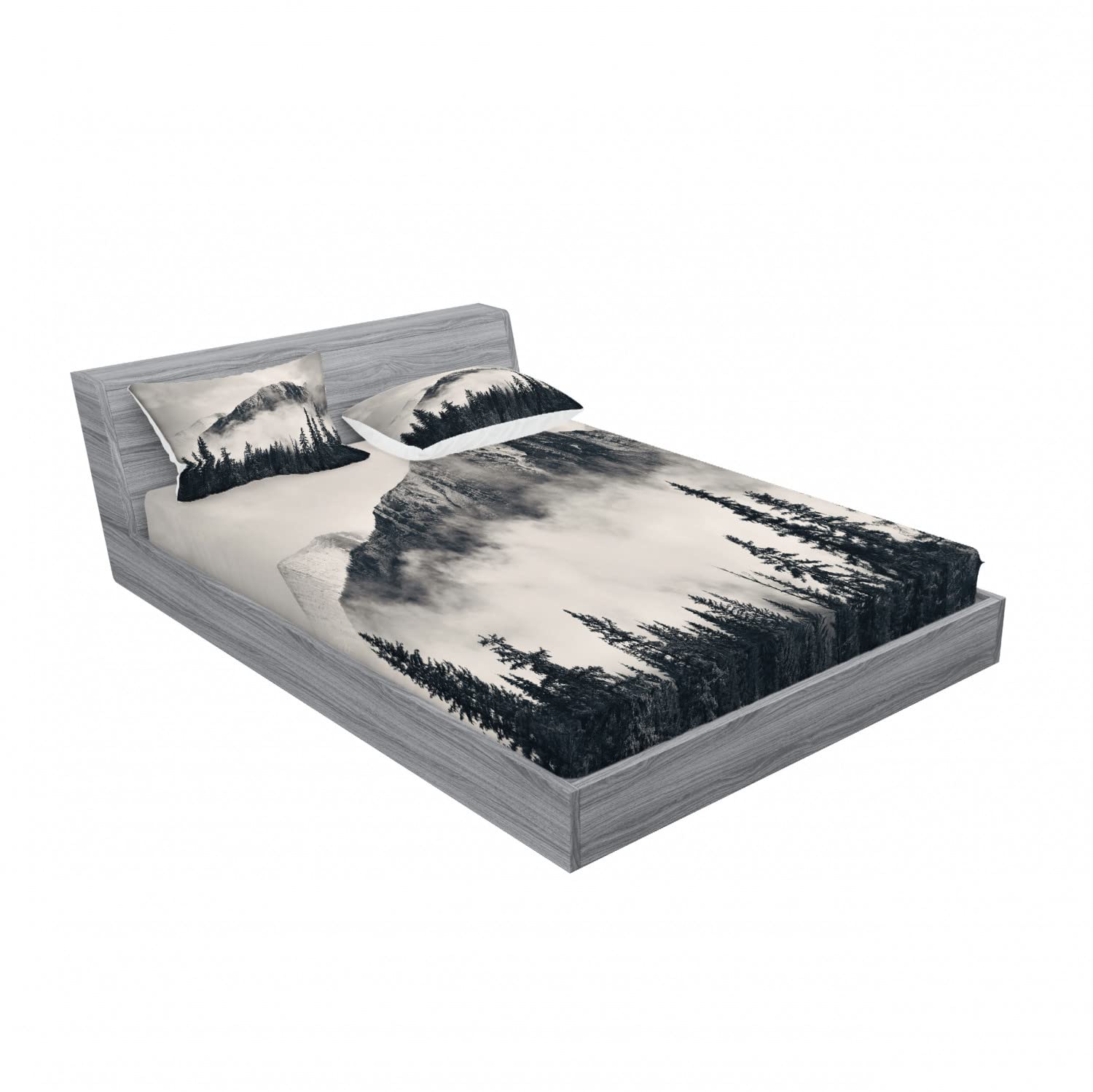 Lunarable National Parks 2-Piece Fitted Sheet & Pillow Sham Set - Smoky Mountain Cliff Design, 4-PC Bedding Decor (2 Twin XL Fitted Sheets & 2 Pillow Shams) - Black & White Scenic Print - Perfect for Camping Enthusiasts & Nature-Themed Bedrooms