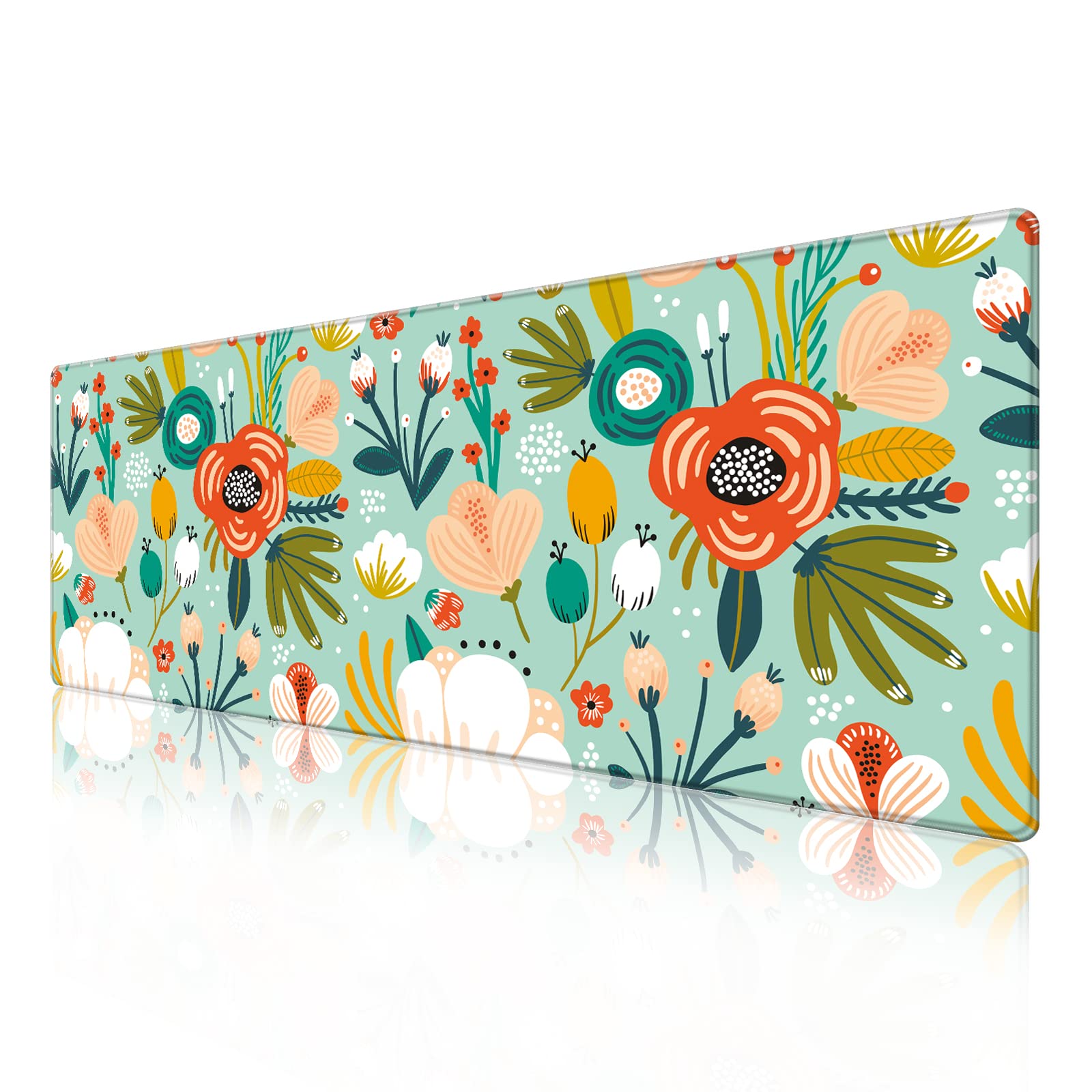 Non-Slip Rubber Base Desk Pad Protector - Textured Waterproof Mouse Pad with Stitched Edges - Large 31.5 x 11.8 Inch Floral Teal Desk Mat for Computer, Laptop, Gaming, Office & Home Use - Perfect for Workspace Organization & Ergonomic Comfort