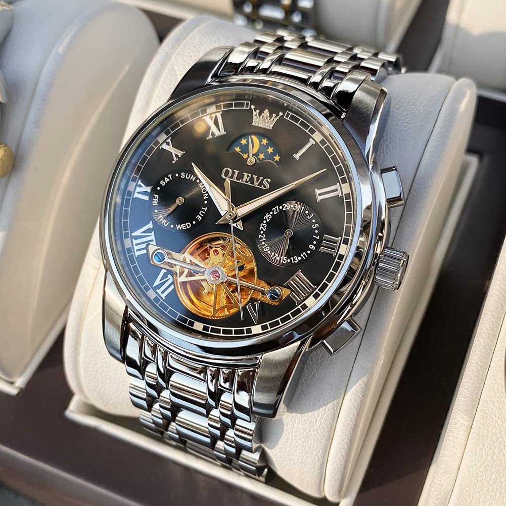 OLEVS Men's Automatic Mechanical Tourbillon Watch - Self-Winding Luxury Stainless Steel Waterproof Wristwatch with Luminous Date Display | Perfect for Business, Formal Events & Everyday Wear