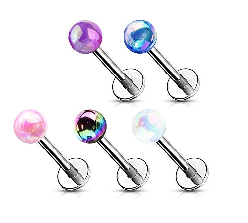 WILDKLASS 5-Piece Metallic AB Coating 316L Surgical Steel Labret Studs - Flat Back Body Jewelry for Lip, Nose, Ear Piercing | Hypoallergenic & Durable for Everyday Wear