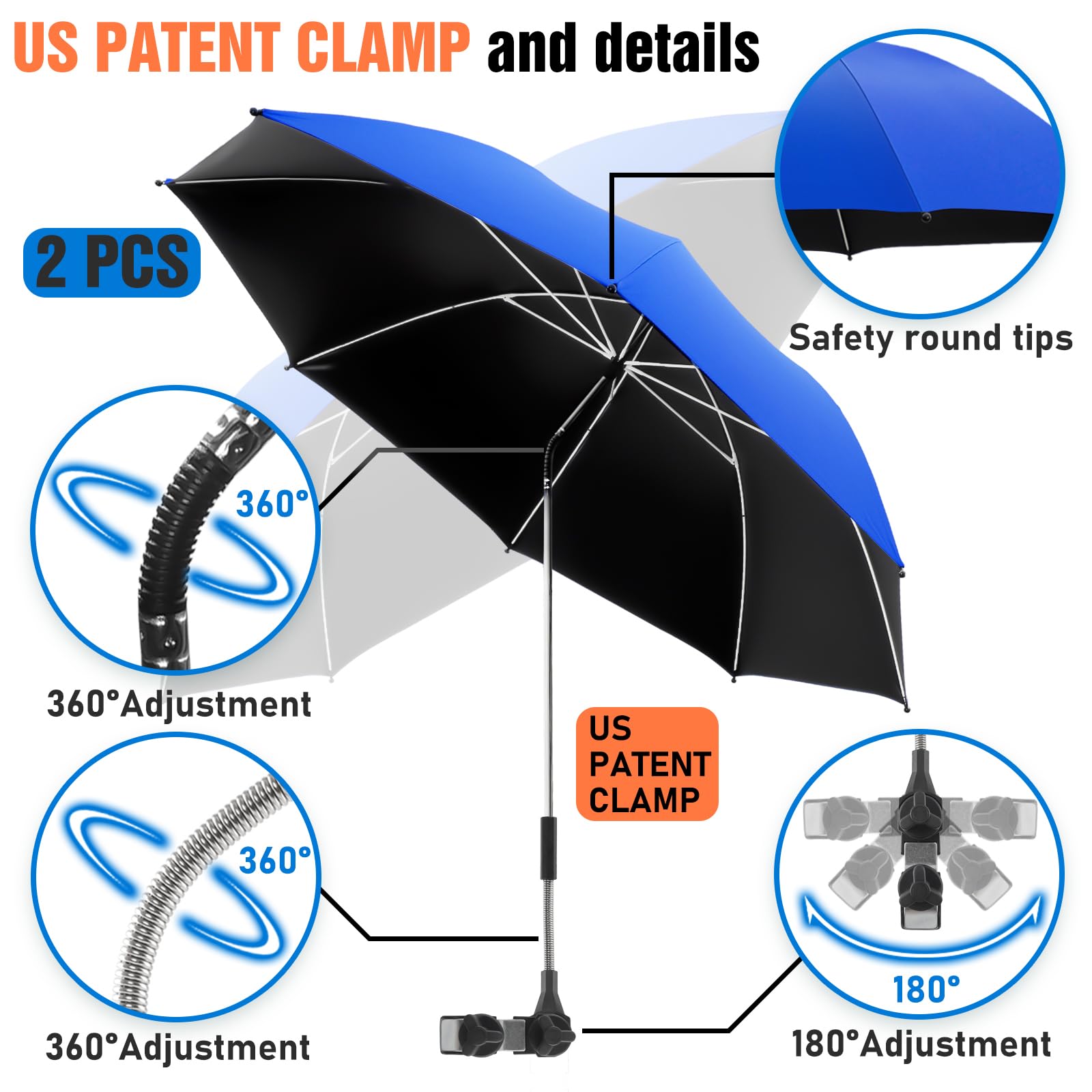 2 Pack Adjustable 360° Clamp-On Chair Umbrella with UPF50+ Sun Protection - Perfect for Beach, Patio, Wheelchair, Camping & Golf Cart Use (Chairs Not Included)