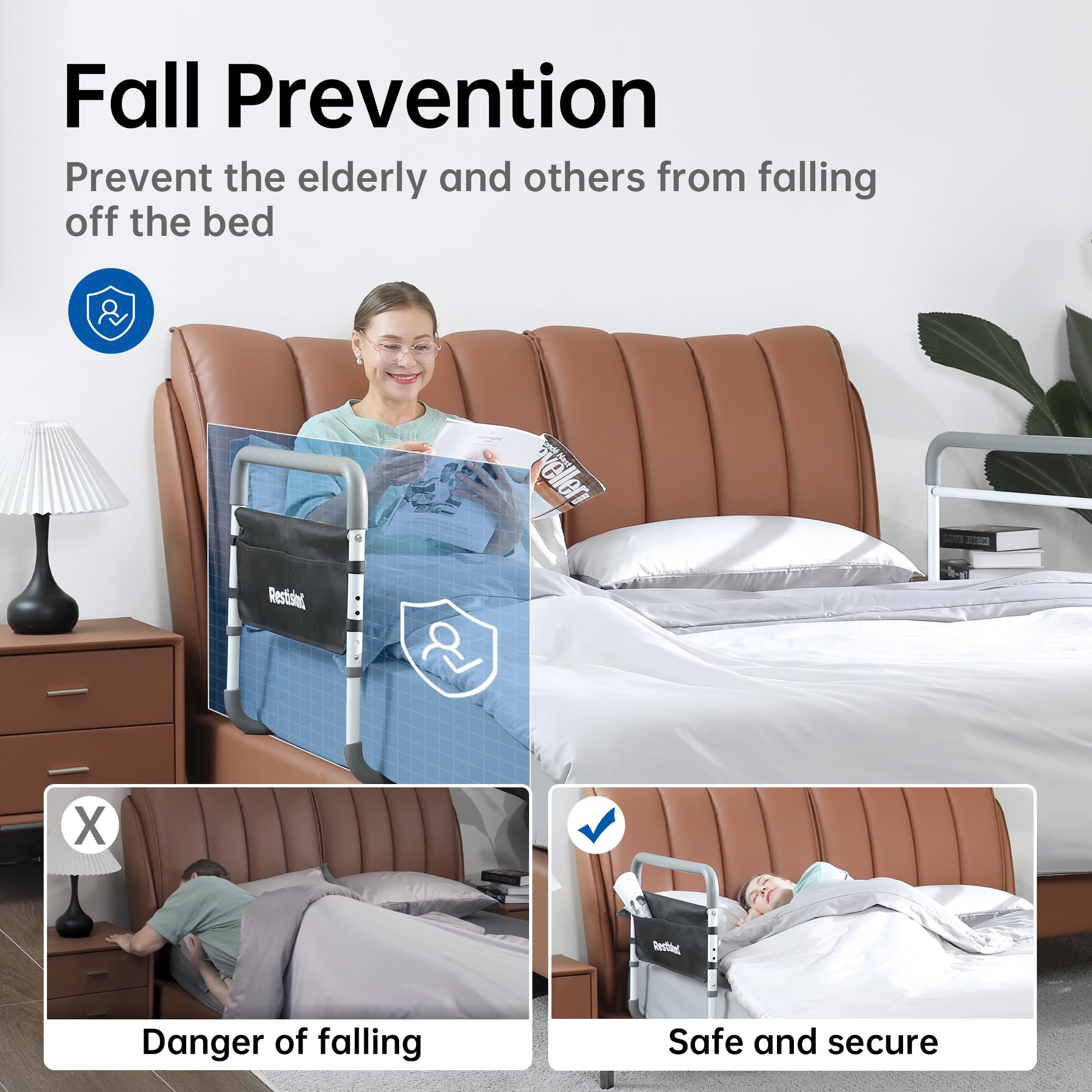 Adjustable Dual Bed Side Hand Rail - Medical Assistive Device for Elderly & Adults - Fits Queen, Full & Twin Beds - Home Safety & Fall Prevention Aid for Seniors - Perfect for Hospital, Nursing Home & Bedroom Use