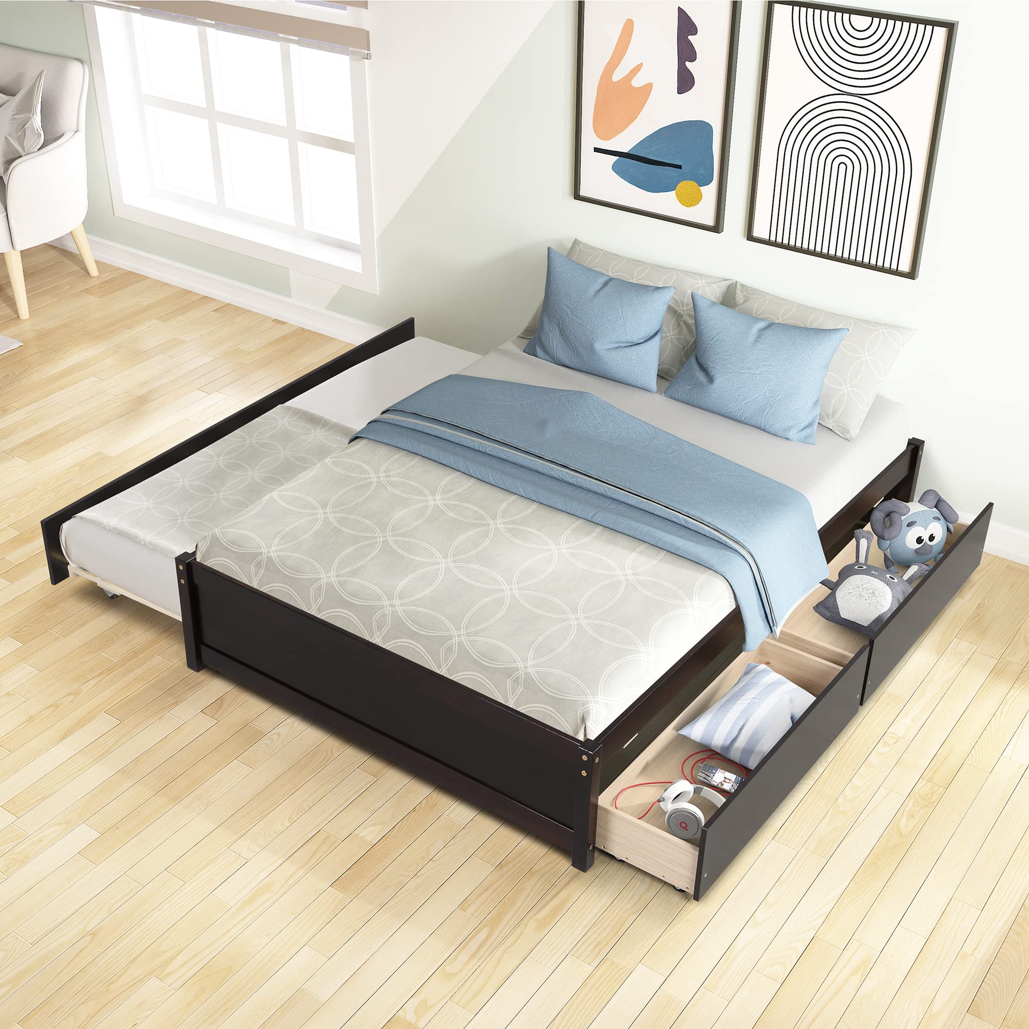**Espresso Wood Platform Bed Frame with Trundle & Storage Drawers - Full Size Captain Bed for Kids, Teens & Adults - Perfect for Small Bedrooms, Guest Rooms & Dormitories**