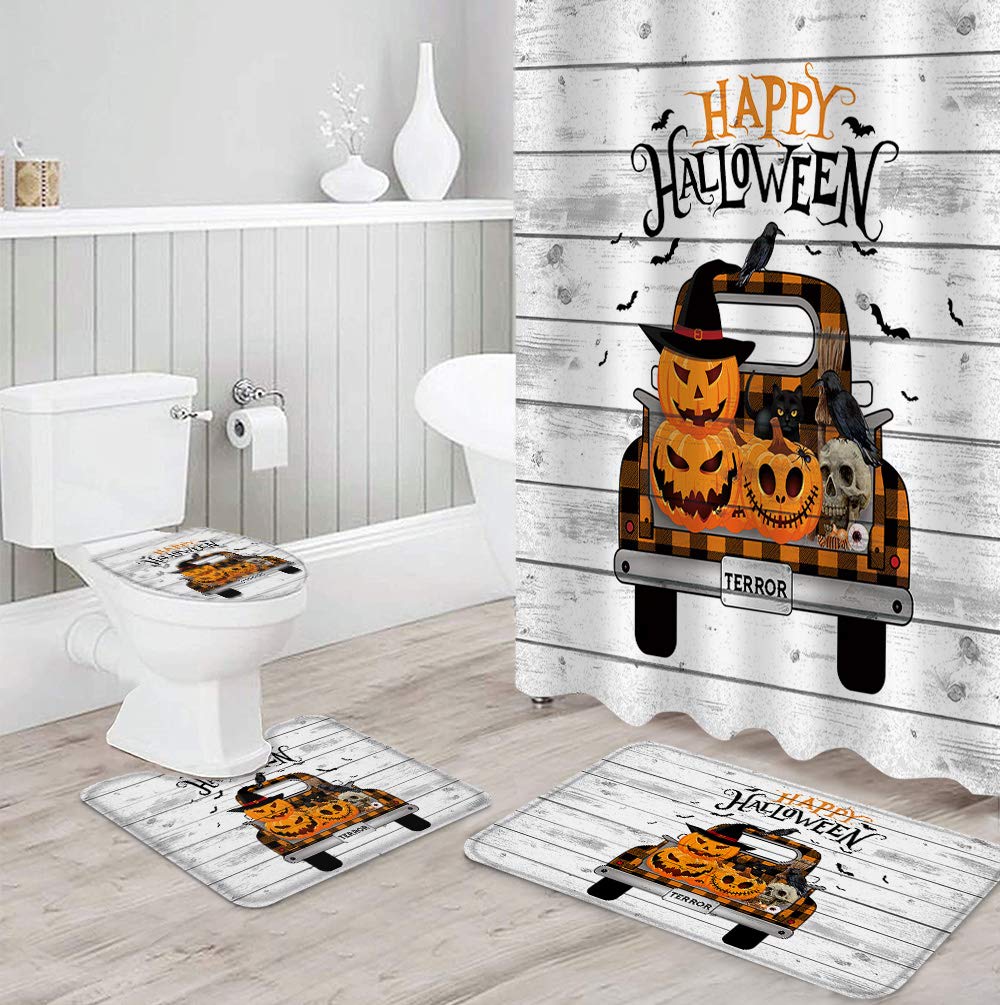 4-Piece Halloween Bathroom Decor Set - Waterproof Polyester Shower Curtain (36x72 Inch with Hooks) & Non-Slip Bath Mats, Toilet Lid Cover - Pumpkin Skull Black Cat Truck Theme for Spooky Bathroom Makeover | Perfect for Halloween Parties, Home Decor & Gift Ideas