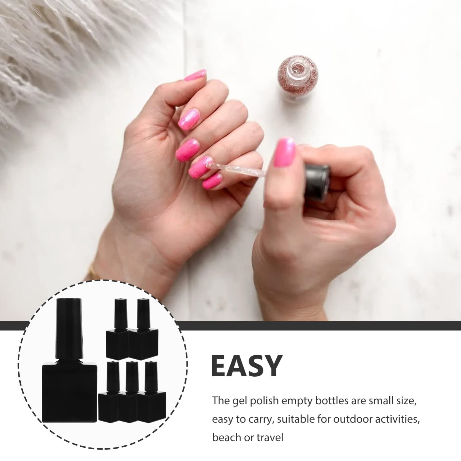 EXCLUZO 6-Pack 10ml Square Empty Refillable Glass Nail Polish Bottles with Brush Cap - DIY Nail Art Sample Containers for Professional & Home Manicure (Black) - Perfect for Nail Salons, DIY Enthusiasts & Travel Kits