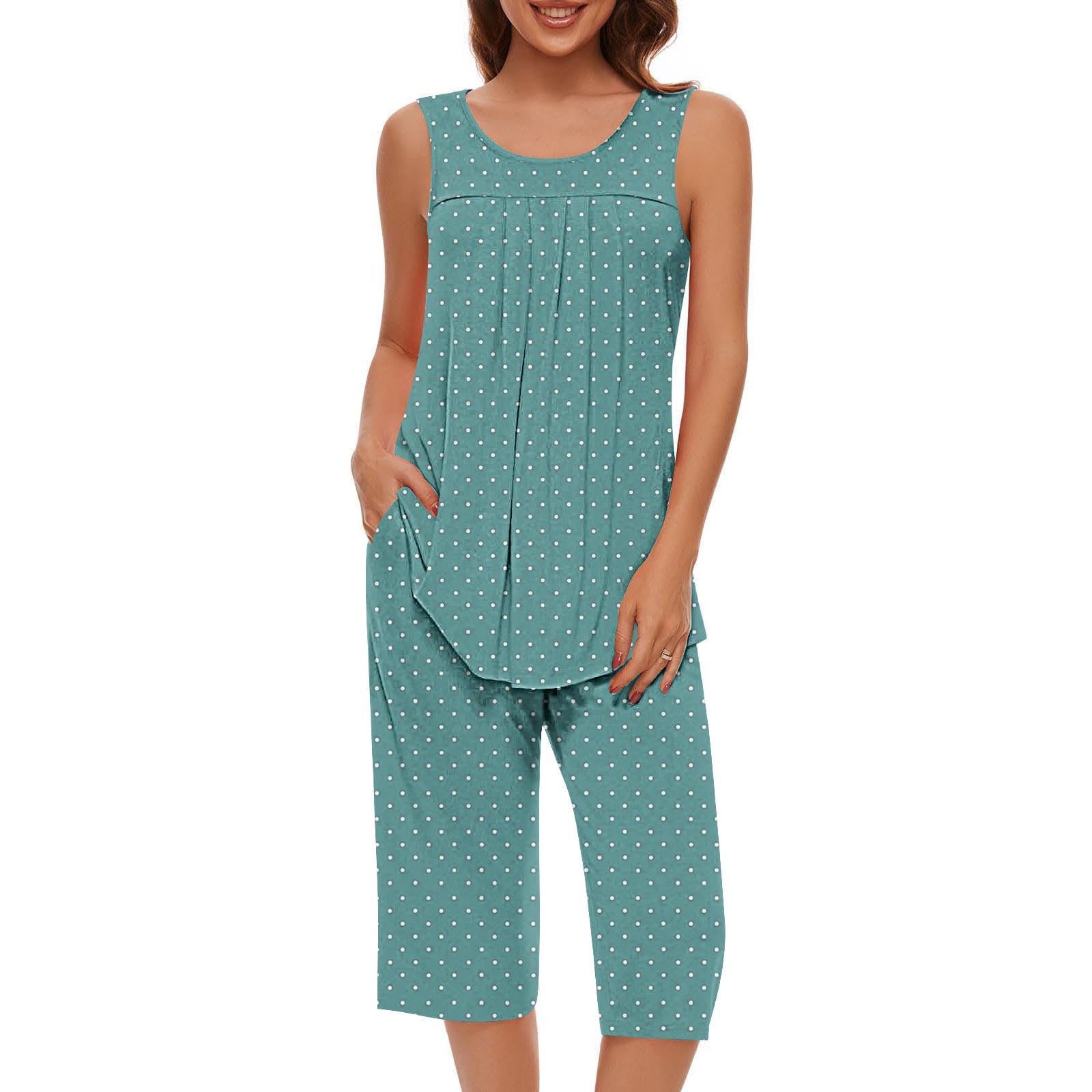 Women's Soft Sleeveless Pajama Set - Loose Fit Pleated Print Tank Top & Capri Pants Lounge Wear | Trendy Sleepwear for Summer Nights, Vacation & Relaxing at Home