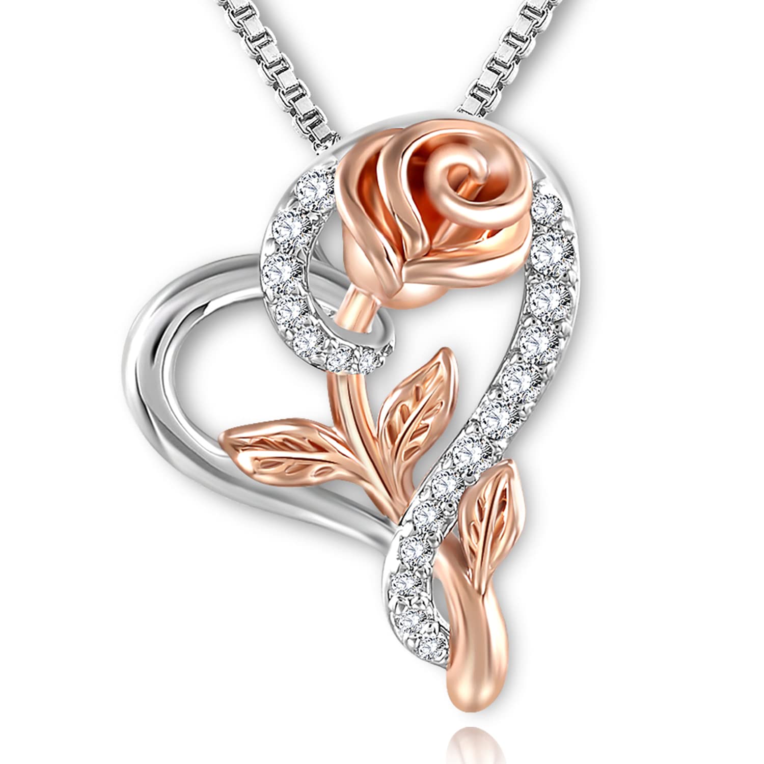 Valentine's Day Rose Necklace for Women - Cubic Zirconia Heart Pendant in Silver & Rose Gold, Jewelry Gift Box Included | Perfect Birthday, Anniversary & Romantic Gifts for Her | Elegant for Date Nights, Weddings & Special Occasions