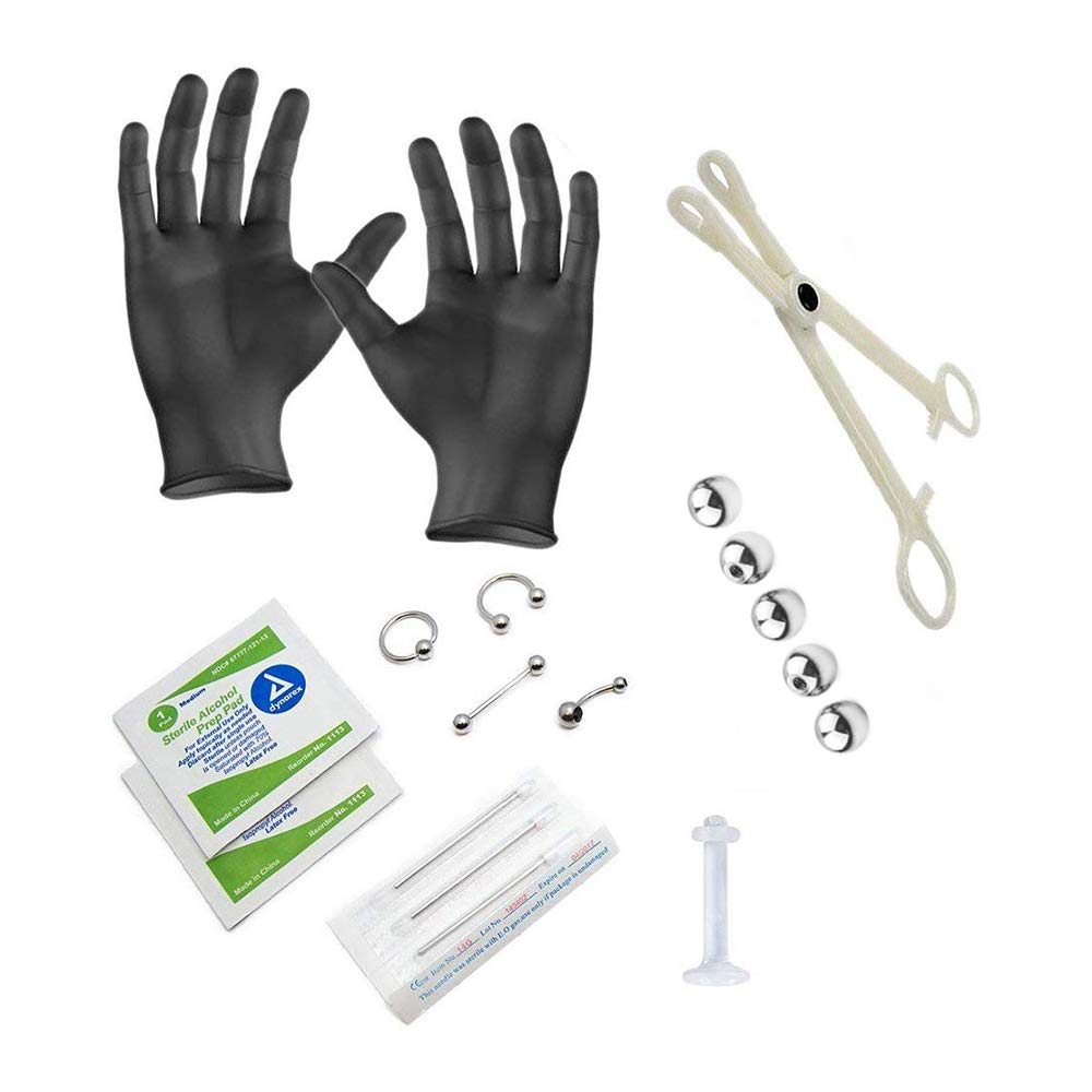 Professional 14ga Piercing Kit with Surgical Steel Jewelry, Gloves, Forceps, Needles & Alcohol Wipes - Safe for Nipple, Tongue, Belly Button Piercing - Perfect for Home & Professional Body Piercing Studios