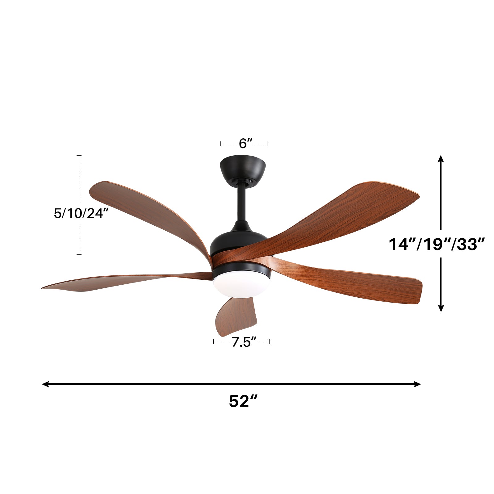 52 Inch Black Indoor Ceiling Fan with Remote Control - 3 Color Dimmable LED Light, 5 ABS Blades, Reversible DC Motor - Perfect for Living Room, Bedroom, and Office Spaces