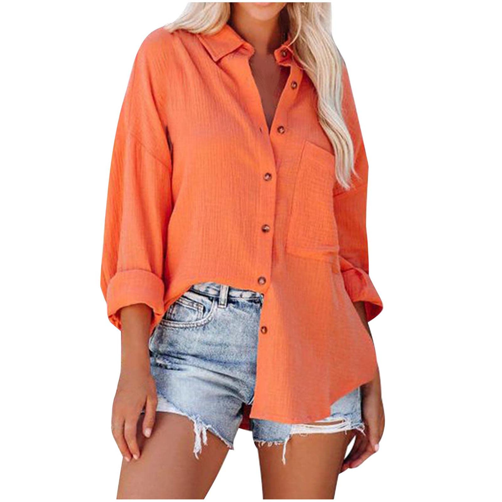 Women's Casual Button Down Long Sleeve Shirt - V Neck Roll Up Cuffed Sleeve Drop Shoulder Blouse, Oversized Work Top for Office, Business Casual & Everyday Wear