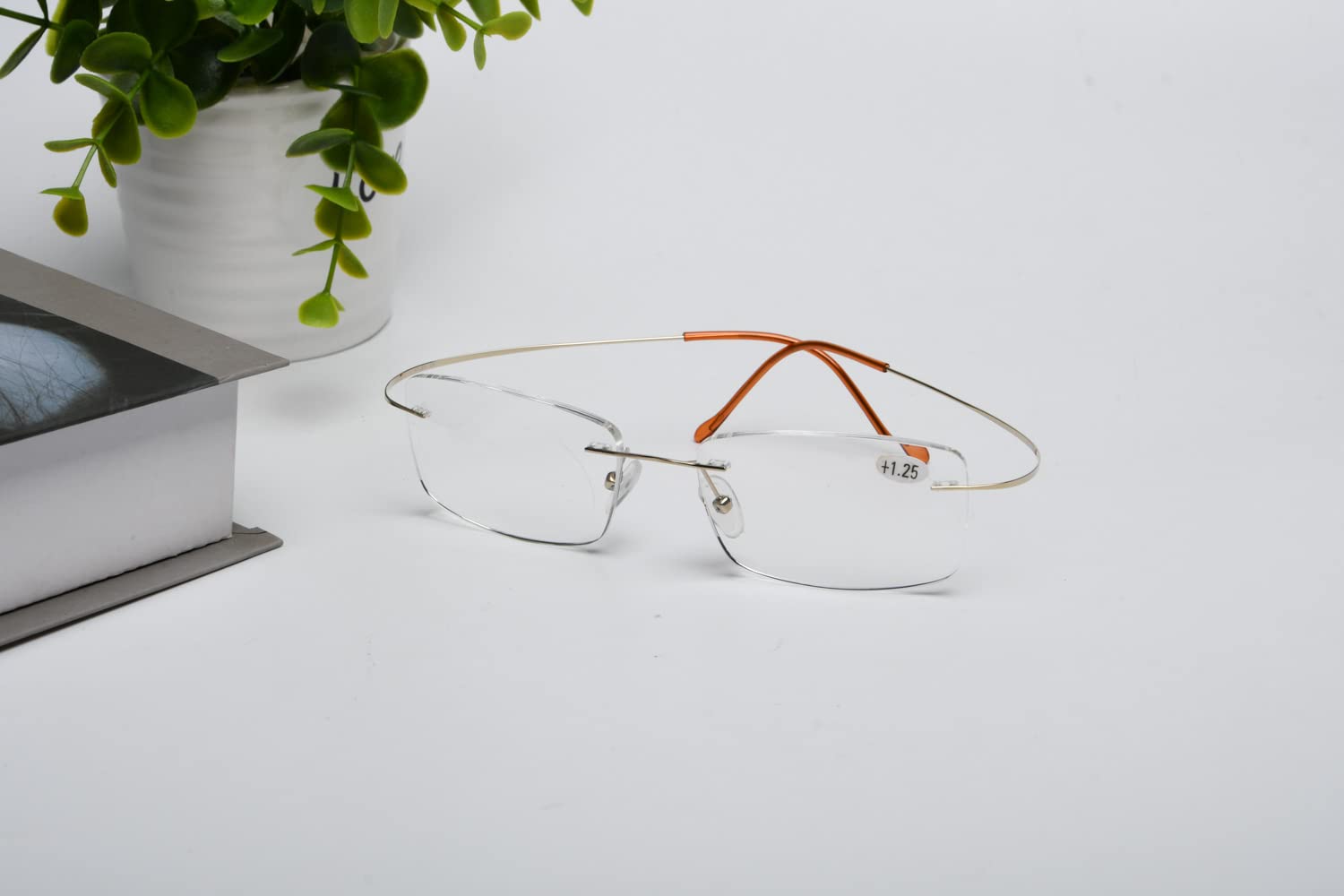 Titanium Rimless Reading Glasses for Men +1.25 Strength - Lightweight Gold Frame Readers for Reading, Office & Travel