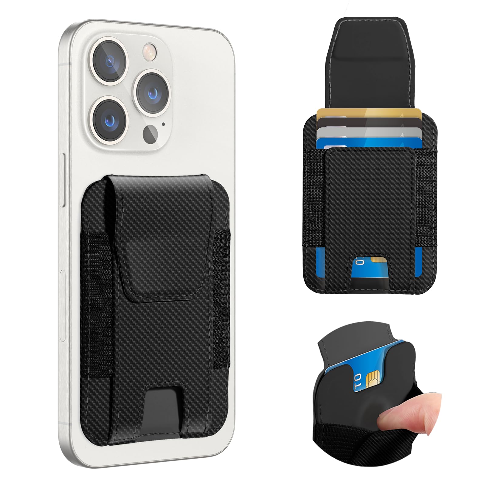 Miroddi MagSafe Wallet for iPhone 12-16 Series - Leather Magnetic Card Holder with Privacy Flap & Hidden Compartment (Holds 8 Cards, Black Carbon Fiber) - Perfect for Everyday Use, Travel & Contactless Payments