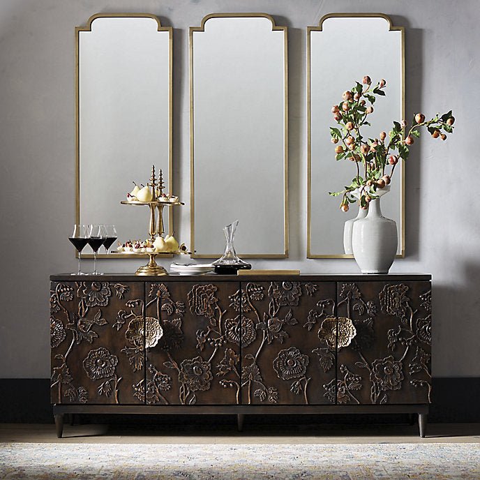 Hand Carved Brown Floral Design Miri Sideboard Buffet with Four Doors - Elegant Storage Cabinet for Dining Room, Living Room & Entryway