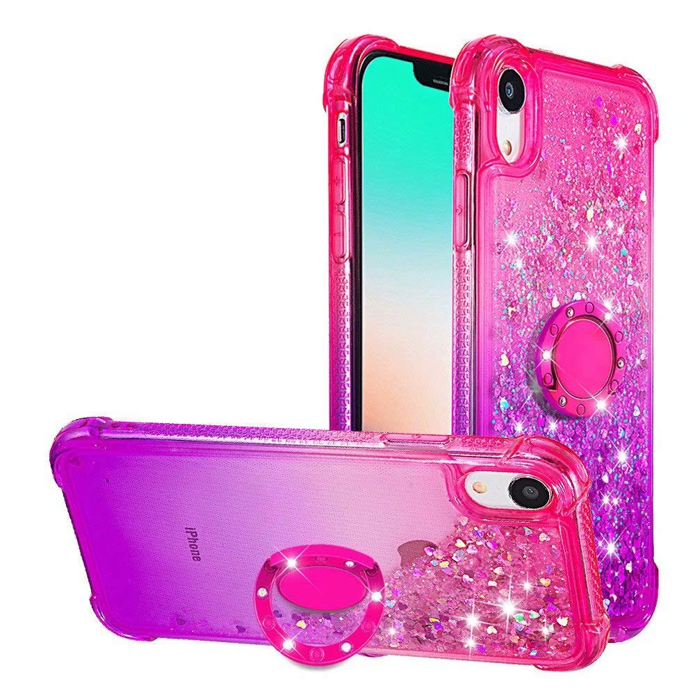 Abtory Glitter Floating Liquid Quicksand Shockproof Case with Kickstand & Ring Holder - Heavy Duty Protective Hard Shell Cover for iPhone XR (Pink/Purple) - Perfect for Everyday Use, Travel & Outdoor Activities