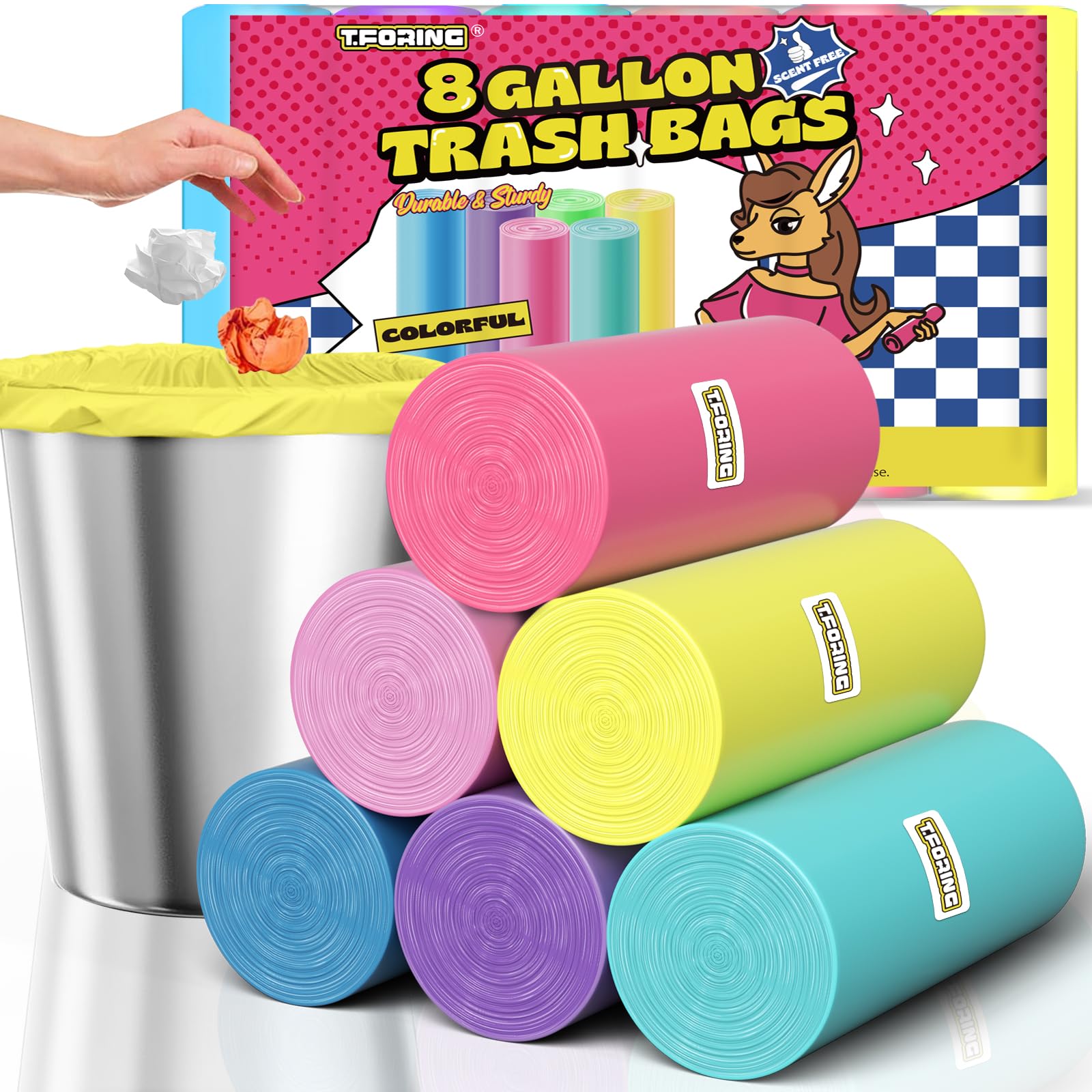 8 Gallon Colored Trash Bags - 150 Count Medium Garbage Bags, Unscented 30L Thick Trash Can Liners, Heavy Duty Plastic Wastebasket Bags for Home, Kitchen, Bathroom | Perfect for Daily Waste Disposal, Office Use & Outdoor Activities