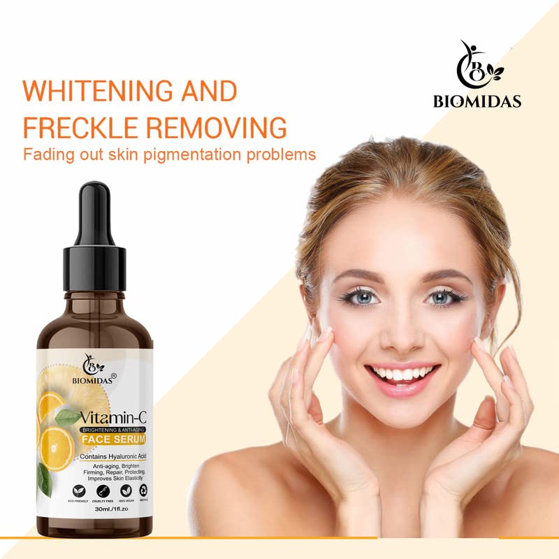 Biomidas Vitamin C Professional Skin Clearing Face Serum - Anti-Aging, Brightens Skin Tone, Reduces Wrinkles & Fine Lines, Repairs Sun Damage 30ml | For Daily Skincare Routine & Nighttime Repair