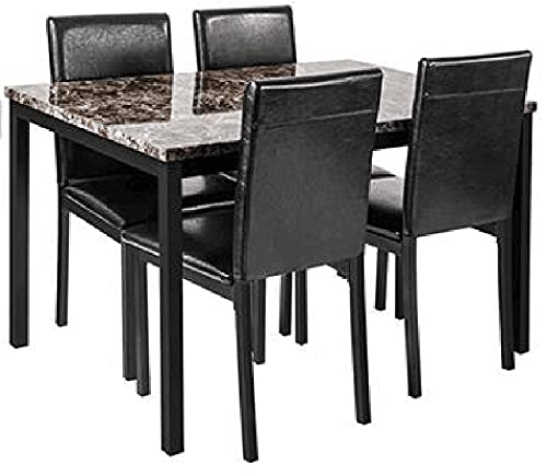 5-Piece Black Faux Marble Dining Table Set with Soft Leather Chairs - Kitchen & Living Room Furniture for 4 People | Compact Space-Saving Design for Small Apartments, Breakfast Nooks & Cozy Dining Areas
