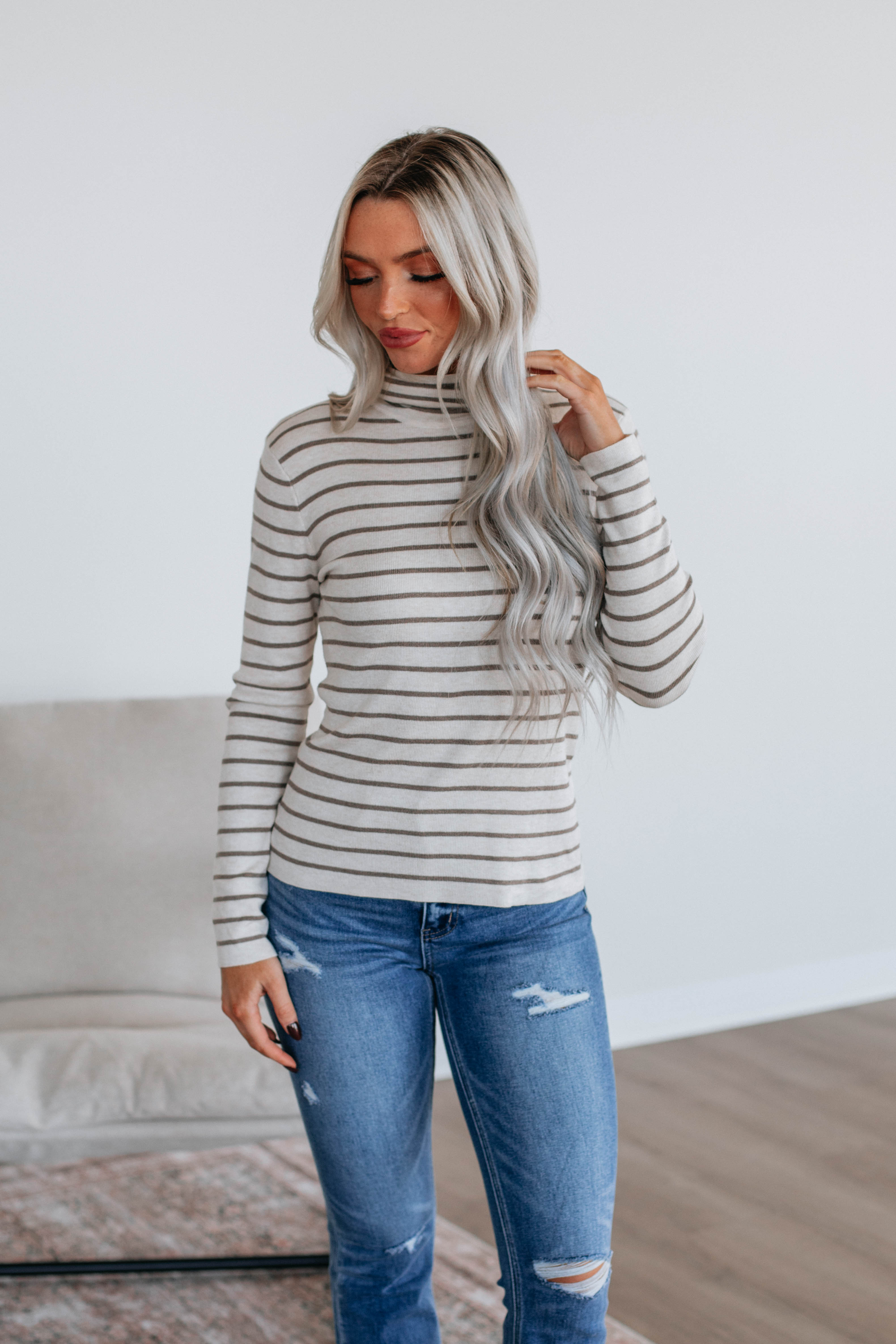 Berkeley Striped Sweater Oatmeal - Soft Cotton Knit Pullover for Women | Cozy Fall & Winter Fashion | Perfect for Casual Outings & Office Wear