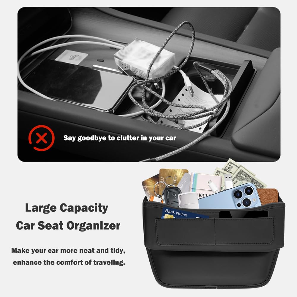 Leather Car Seat Gap Filler Organizer with Card Holder - L-Capacity Storage Box for Phone, Keys, Glasses & Essentials | Perfect Car Accessories for Organization & Convenience (Black) | Ideal for Daily Commute, Road Trips & Family Travel