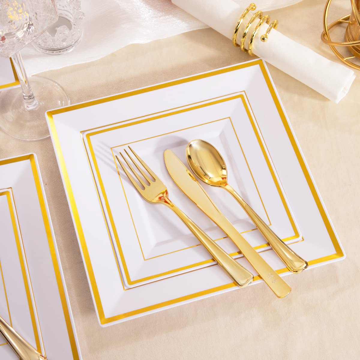 125-Piece Gold Plastic Dinnerware Set - 25 Gold Rimmed Dinner Plates, 25 Salad Plates, 25 Forks, 25 Knives & 25 Spoons - Elegant Disposable Tableware for Parties, Weddings & Events