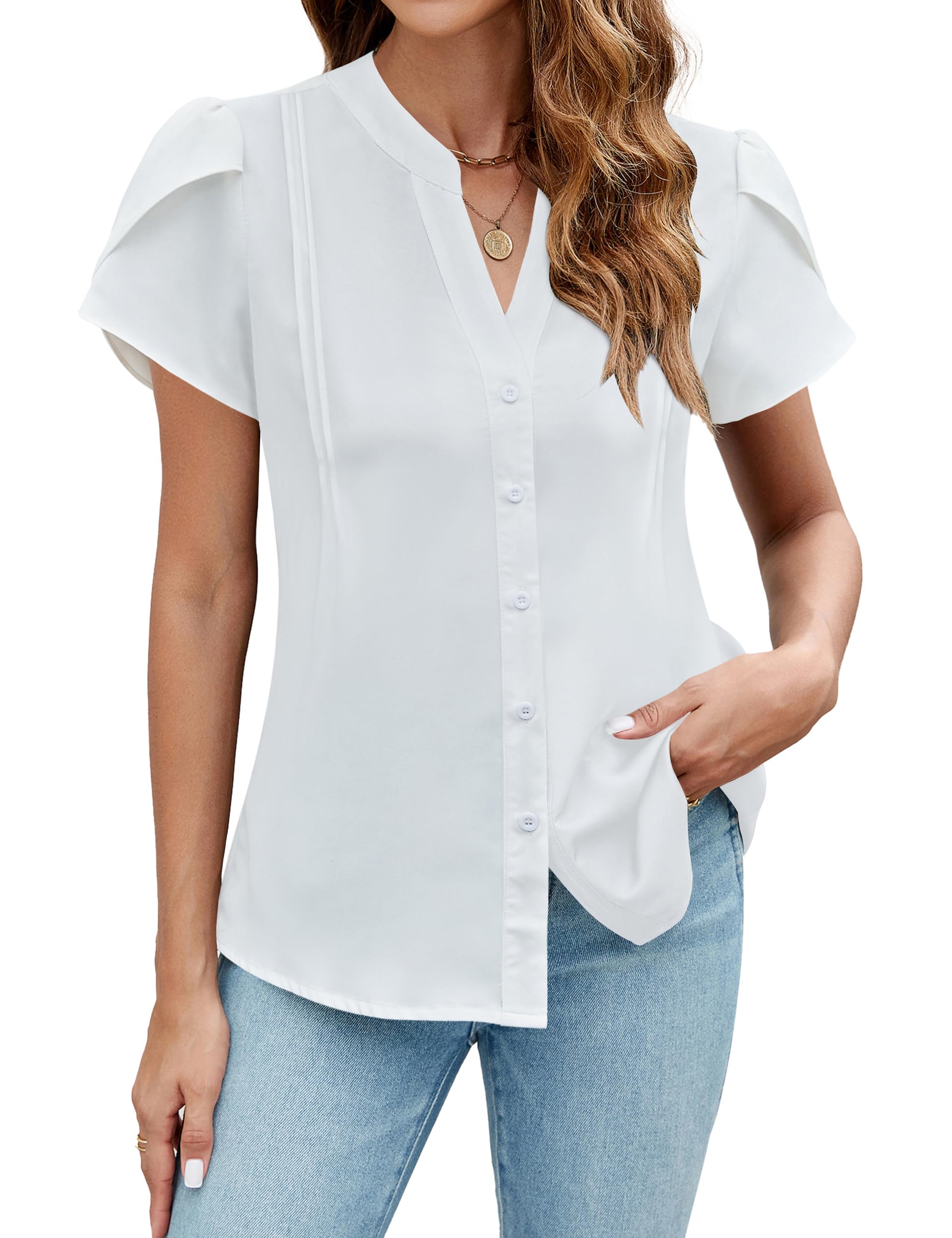 Stylish Blooming Jelly Women's Summer Casual & Business Blouse - V-Neck Short Cap Sleeve Button Down Shirt for Office, Work & Everyday Wear | Perfect for Business Casual, Date Night & Summer Outfits